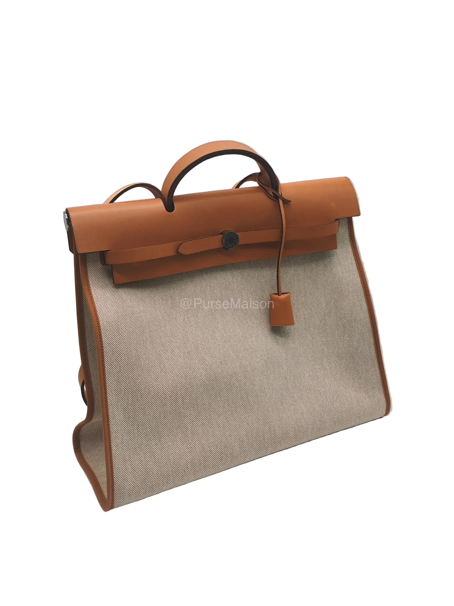 Hermes Herbag Messenger 39 in Beige Canvas Palladium Hardware Stamp Square N(2010) | Purse Maison Luxury Bags Shop