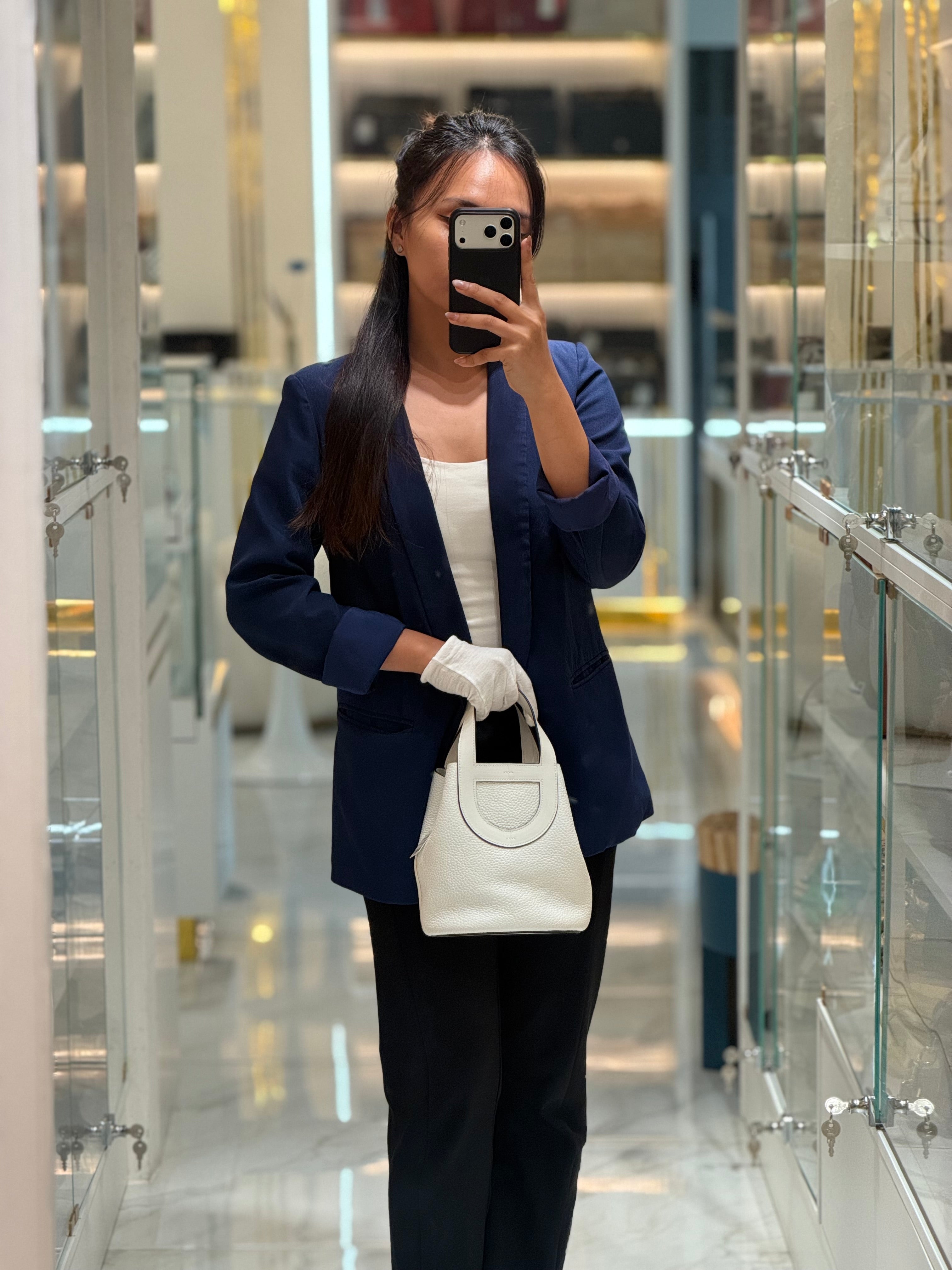 Hermes In The Loop Lock 18 in White Clemence Leather Gold Hardware Stamp B (2023) | Purse Maison Luxury Bags Shop