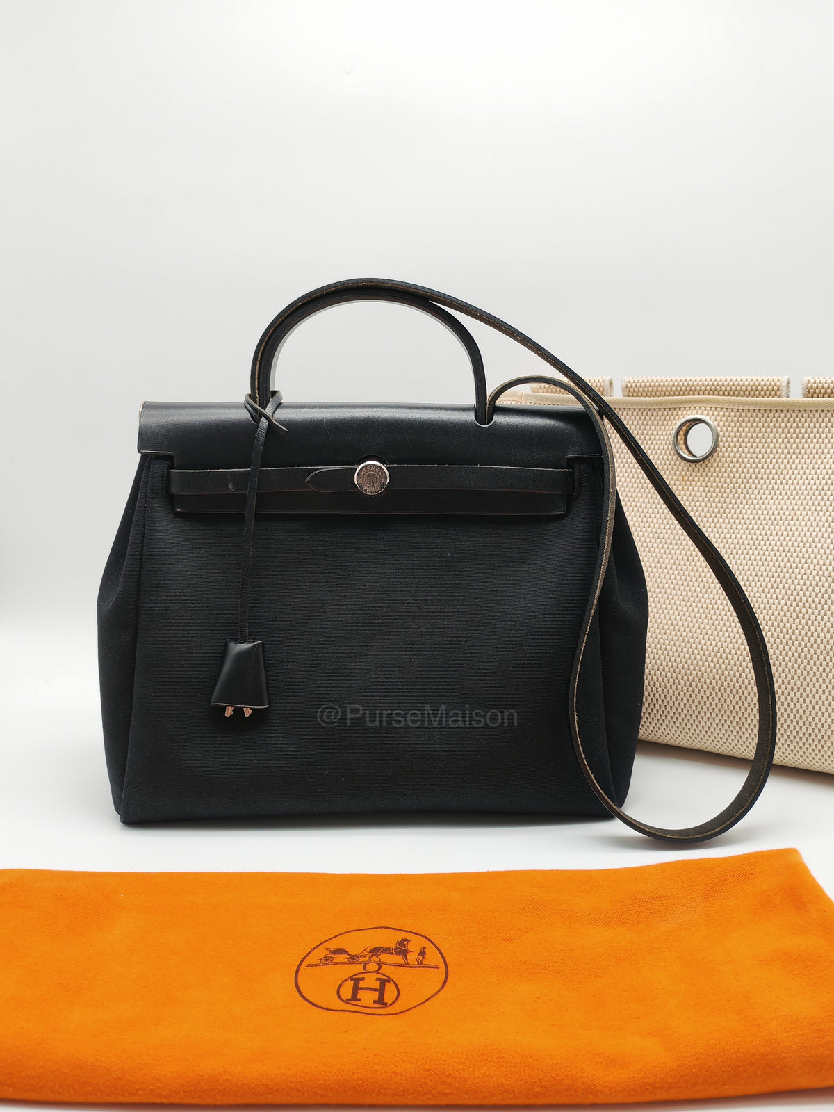 Hermes Interchangeable Herbag Zip 31 in Black & White Woven Canvas Palladium Hardware Stamp Square G(2003) | Purse Maison Luxury Bags Shop
