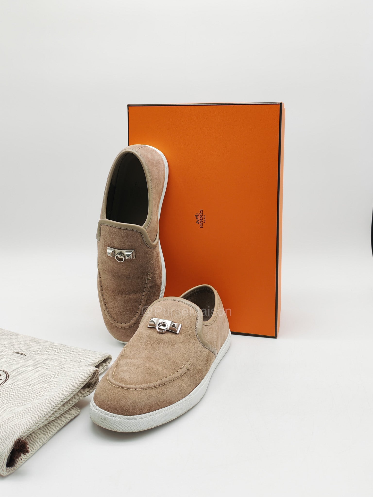 Hermes Jour Loafers in Brown Suede Goatskin Leather Palladium Médor Stud Hardware Size 37.5 (24 cm) | Purse Maison Luxury Bags Shop