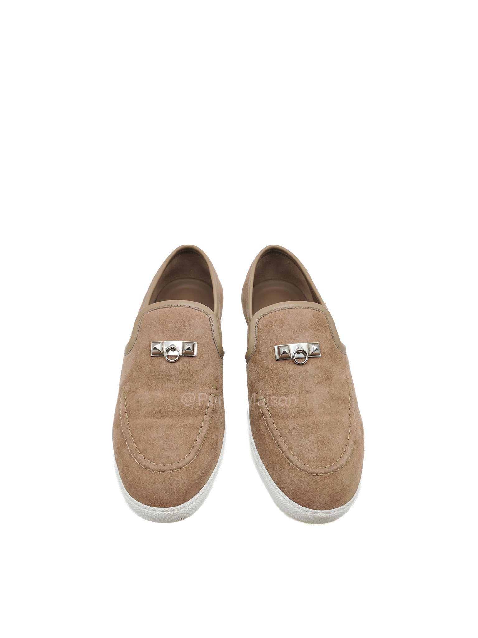 Hermes Jour Loafers in Brown Suede Goatskin Leather Palladium Médor Stud Hardware Size 37.5 (24 cm) | Purse Maison Luxury Bags Shop