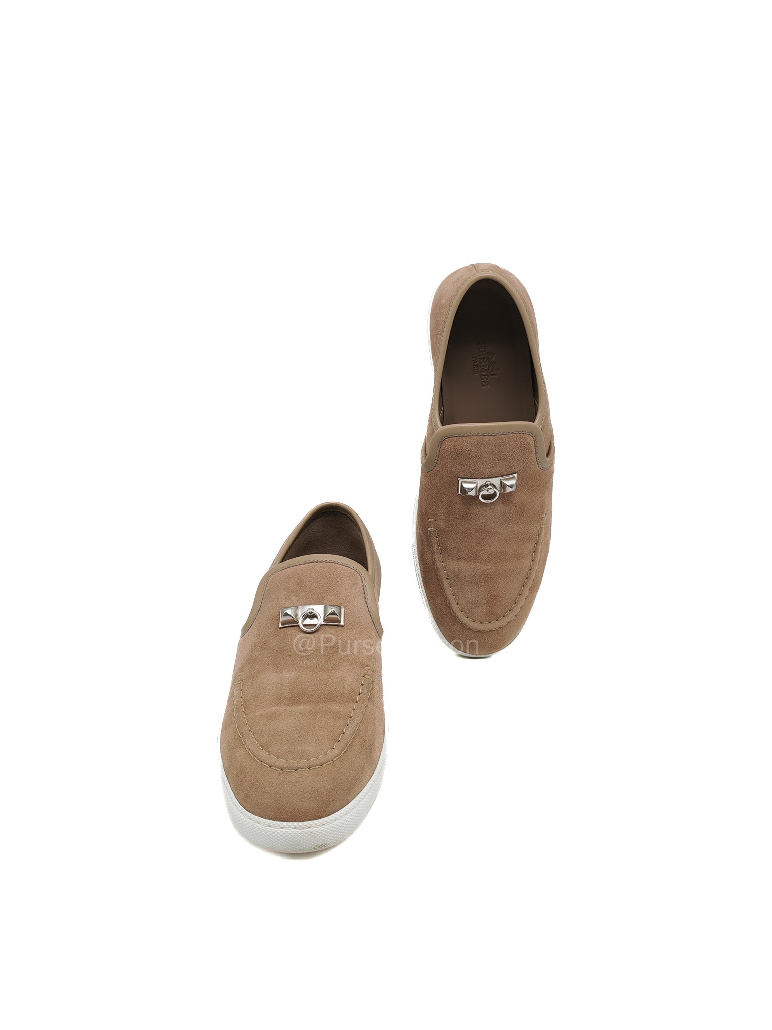 Hermes Jour Loafers in Brown Suede Goatskin Leather Palladium Médor Stud Hardware Size 37.5 (24 cm) | Purse Maison Luxury Bags Shop