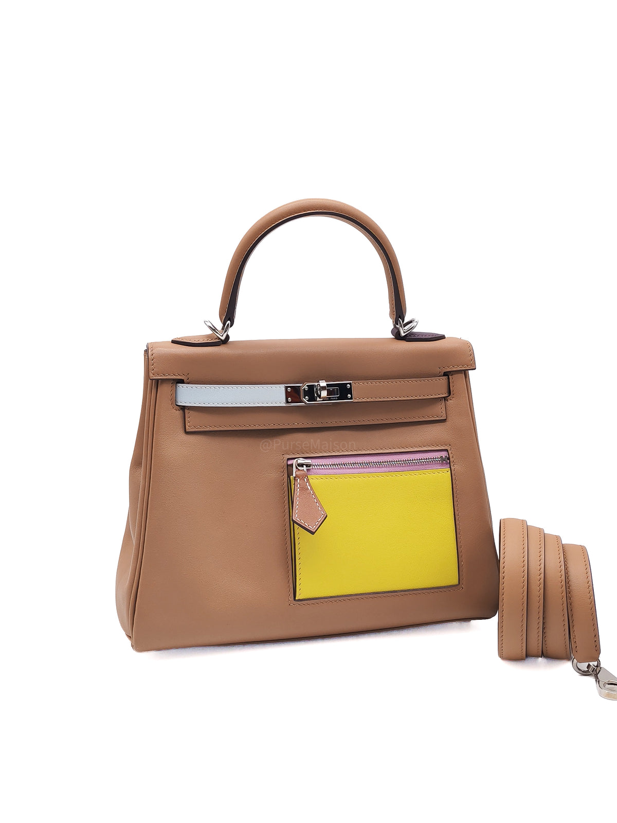 Hermes Kelly 25 Retourne in Colormatic Veau Swift Leather Chai/Lime/Brume/Cassis/Nata Palladium HardwareStamp B(2023) | Purse Maison Luxury Bags Shop