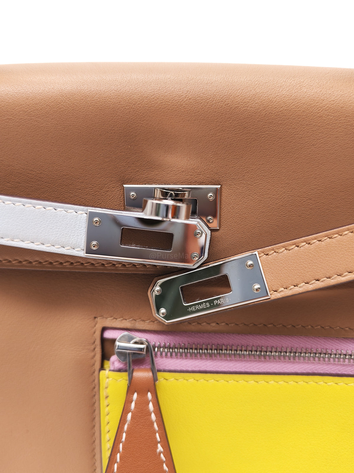 Hermes Kelly 25 Retourne in Colormatic Veau Swift Leather Chai/Lime/Brume/Cassis/Nata Palladium HardwareStamp B(2023) | Purse Maison Luxury Bags Shop