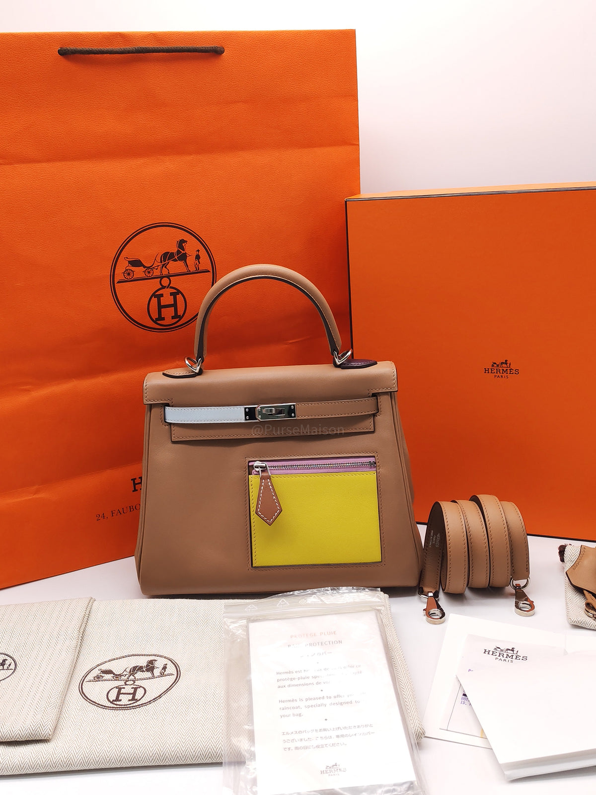 Hermes Kelly 25 Retourne in Colormatic Veau Swift Leather Chai/Lime/Brume/Cassis/Nata Palladium HardwareStamp B(2023) | Purse Maison Luxury Bags Shop