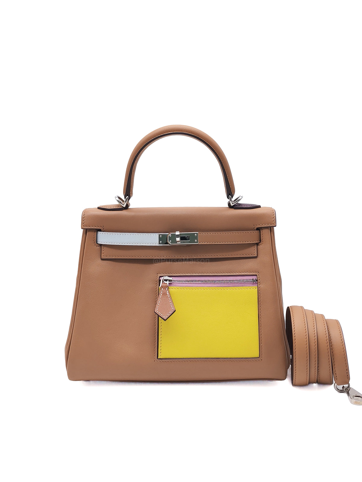Hermes Kelly 25 Retourne in Colormatic Veau Swift Leather Chai/Lime/Brume/Cassis/Nata Palladium HardwareStamp B(2023) | Purse Maison Luxury Bags Shop