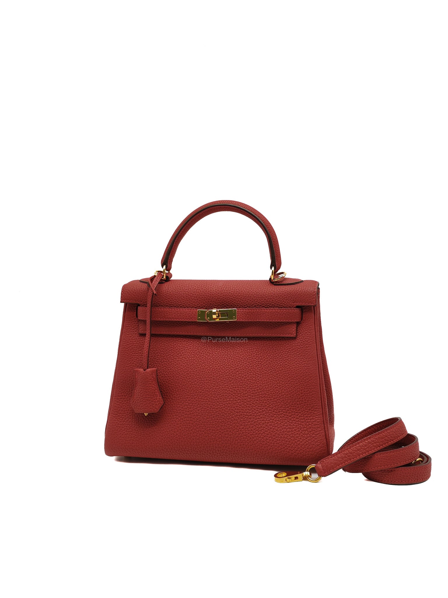 Hermes Kelly 25 Retourne in Rouge Vif Togo Leather and Gold Hardware Stamp Y (2020) | Purse Maison Luxury Bags Shop