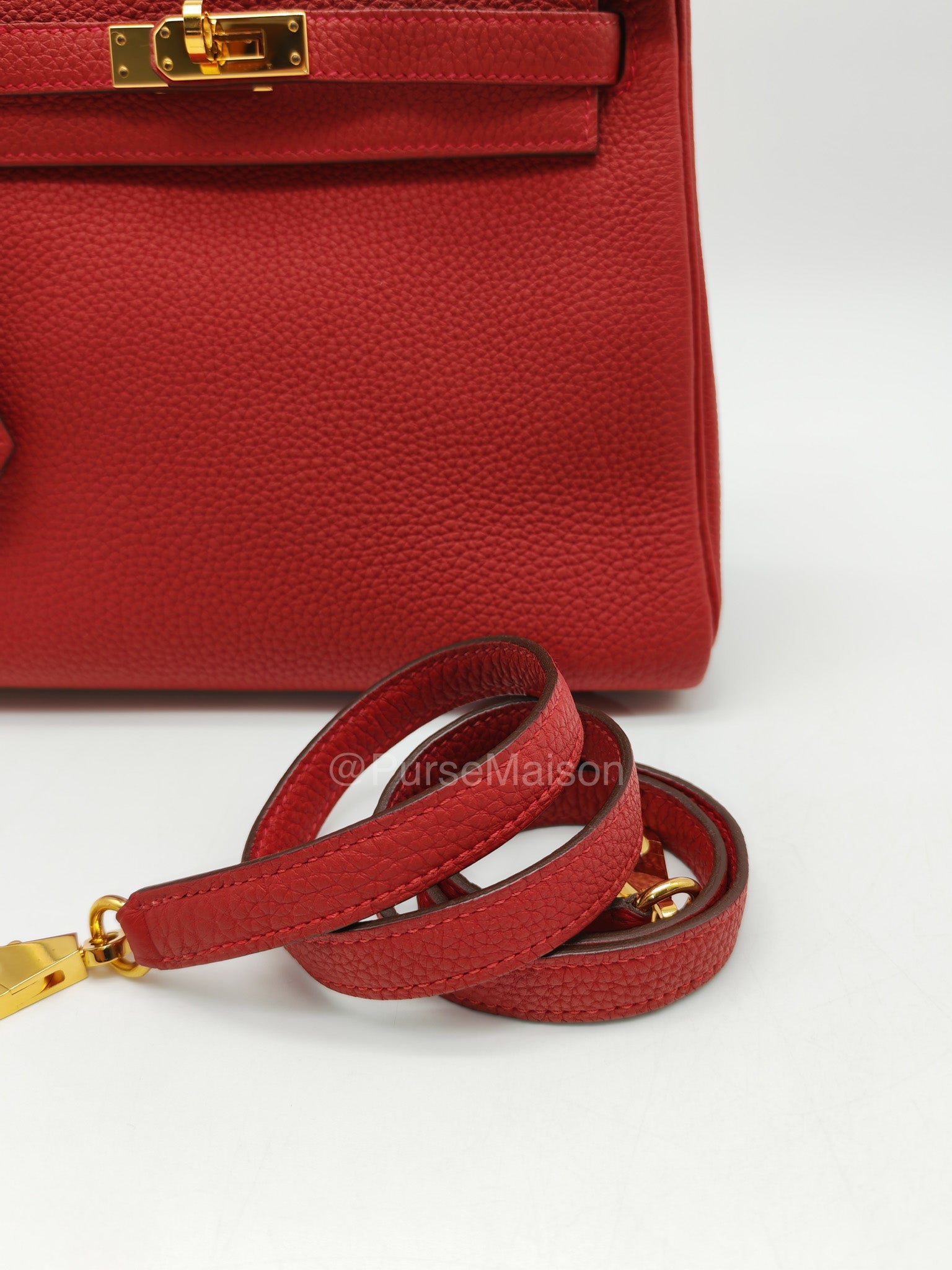 Hermes Kelly 25 Retourne in Rouge Vif Togo Leather and Gold Hardware Stamp Y (2020) | Purse Maison Luxury Bags Shop