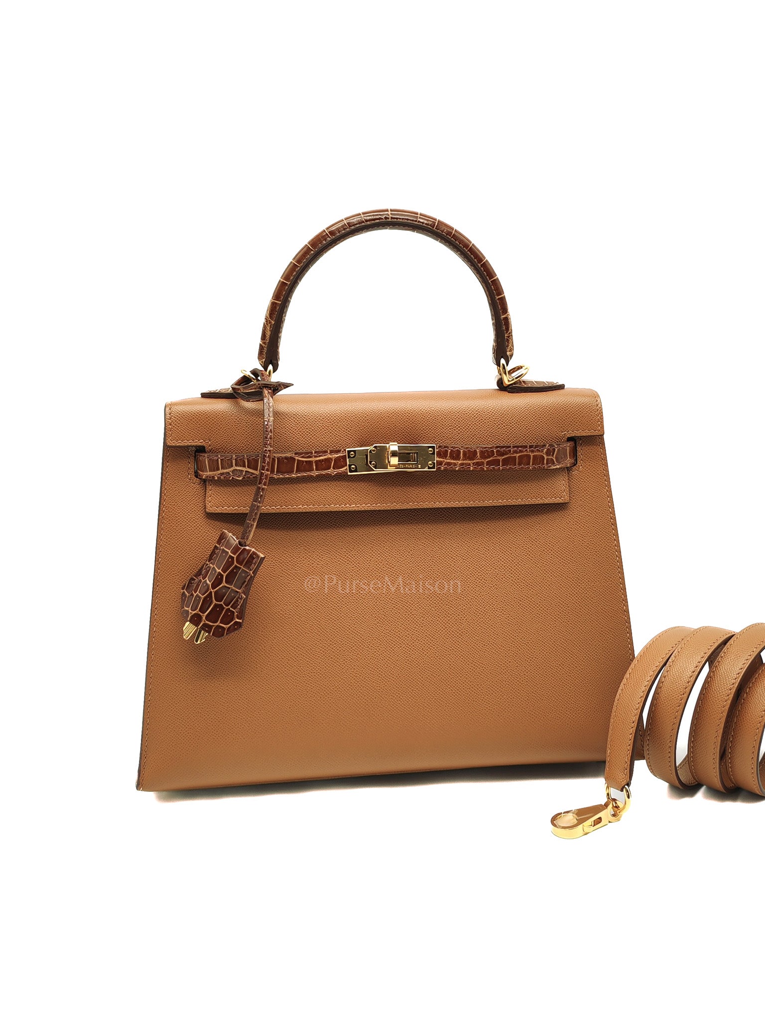 Kelly 25 Sellier in Gold Madame Leather and Shiny Croc Touch and Gold Hardware Stamp U (2022) | Purse Maison Luxury Bags Shop