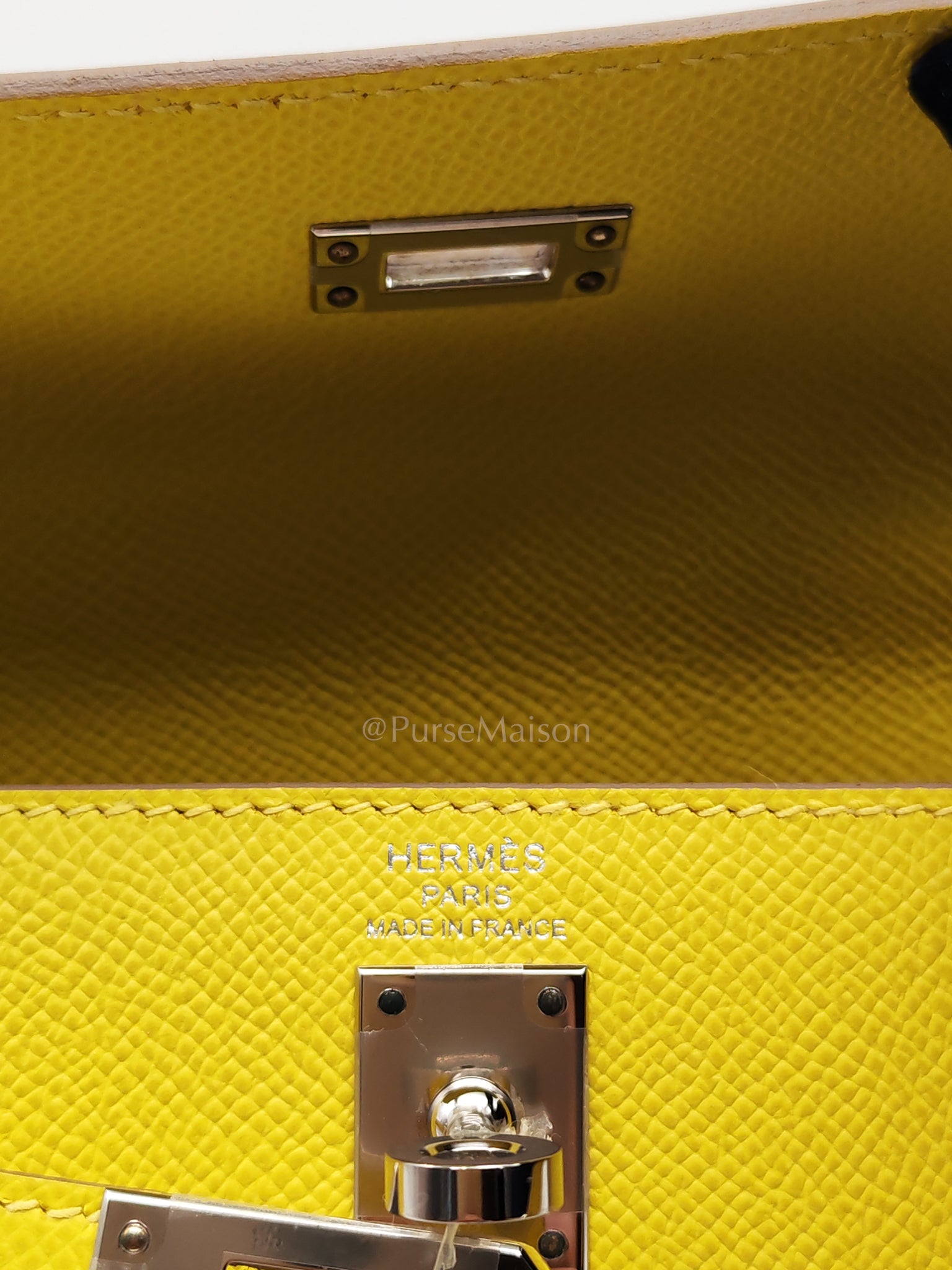 Kelly 25 Sellier in Lime Epsom Leather and Palladiun Hardware Stamp U (2022) | Purse Maison Luxury Bags Shop