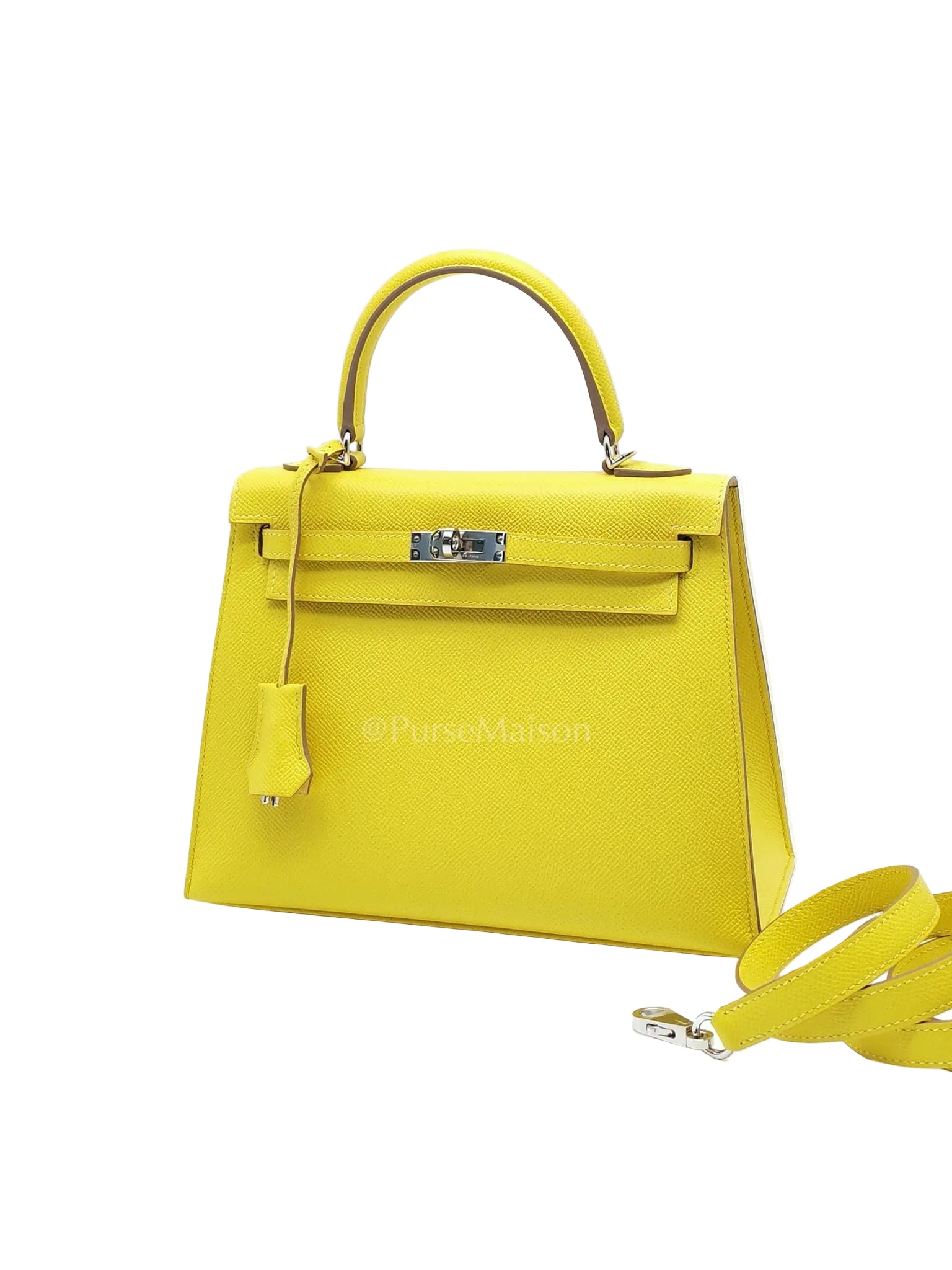 Kelly 25 Sellier in Lime Epsom Leather and Palladiun Hardware Stamp U (2022) | Purse Maison Luxury Bags Shop