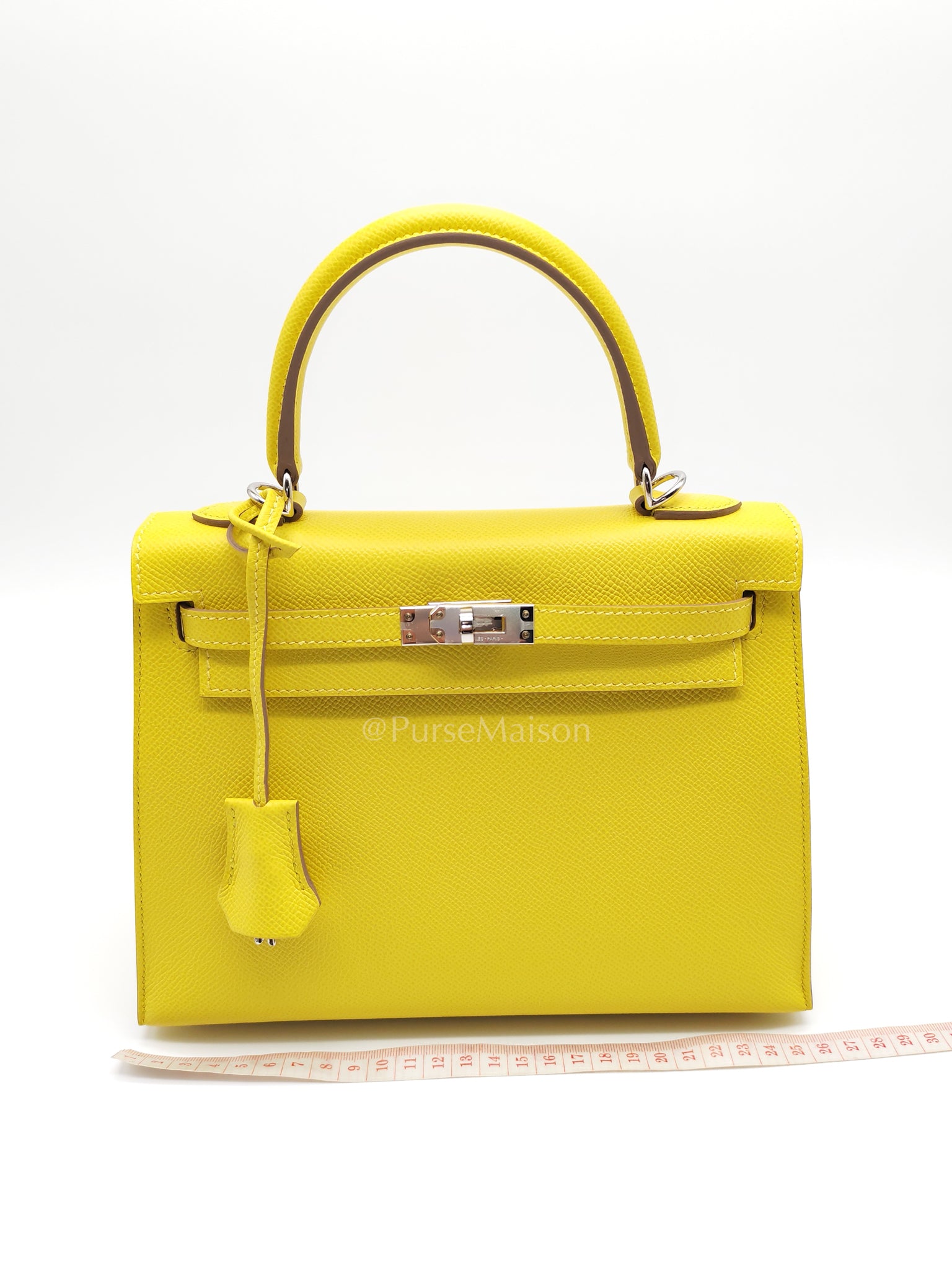 Kelly 25 Sellier in Lime Epsom Leather and Palladiun Hardware Stamp U (2022) | Purse Maison Luxury Bags Shop