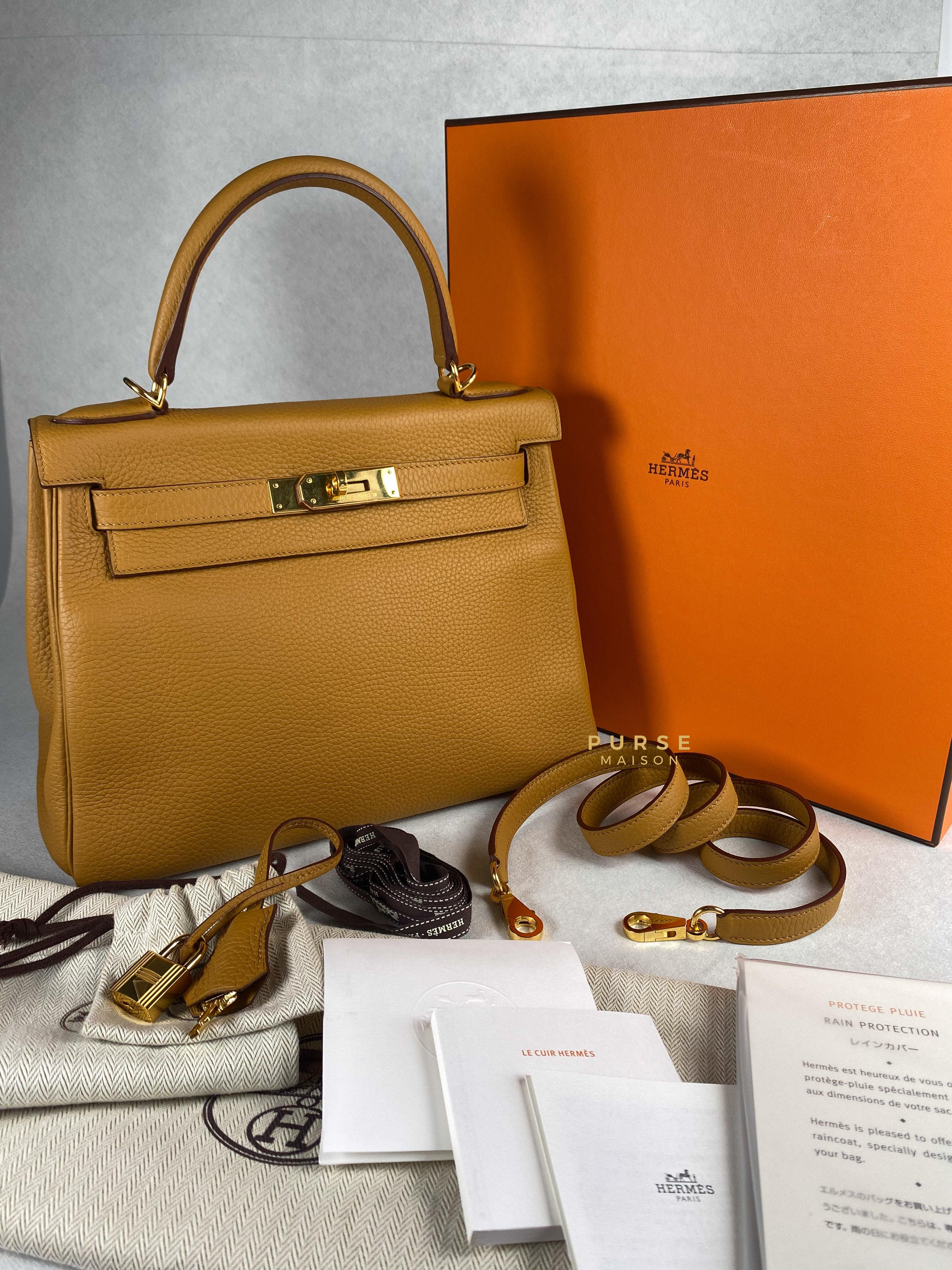 Hermes Kelly 28 Sesame in Clemence Leather and Gold Hardware Stamp Y (2020) | Purse Maison Luxury Bags Shop