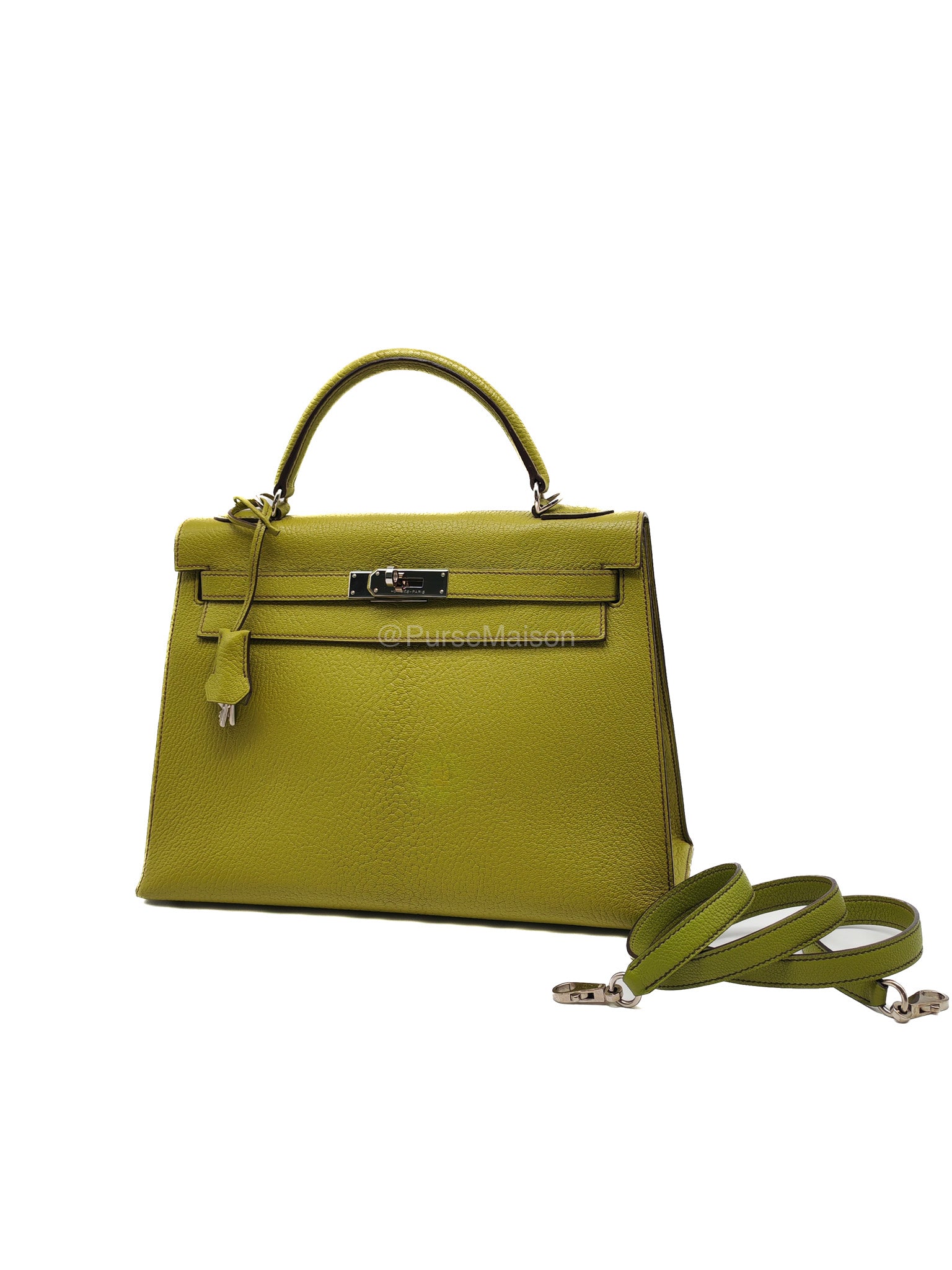 Hermes Kelly 32 in Vert Anis Cheve Mysore Leather Palladium Hardware Stamp J Square(2006) | Purse Maison Luxury Bags Shop