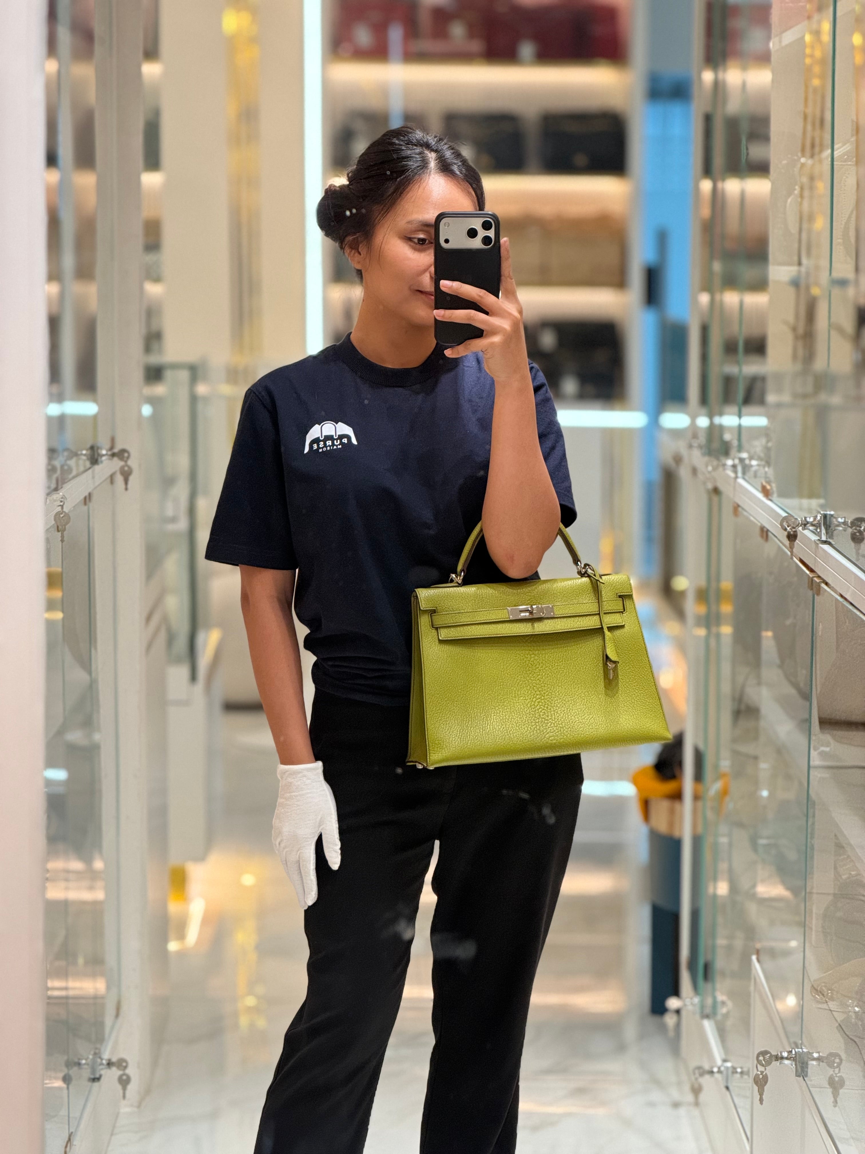 Hermes Kelly 32 in Vert Anis Cheve Mysore Leather Palladium Hardware Stamp J Square(2006) | Purse Maison Luxury Bags Shop