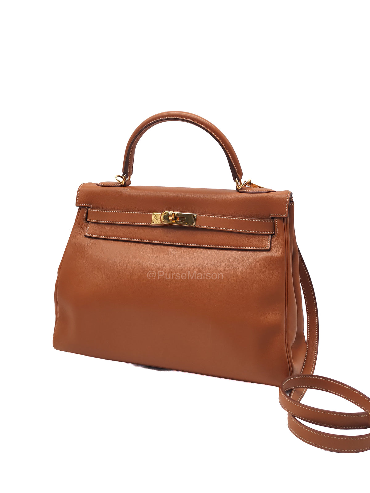 Hermes Kelly 32 Retourne in Gold Swift Leather and Gold Hardware Stamp Square E (2001) | Purse Maison Luxury Bags Shop