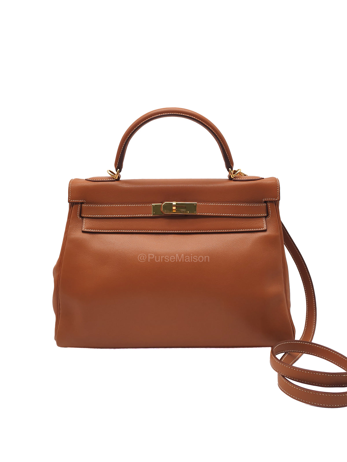 Hermes Kelly 32 Retourne in Gold Swift Leather and Gold Hardware Stamp Square E (2001) | Purse Maison Luxury Bags Shop