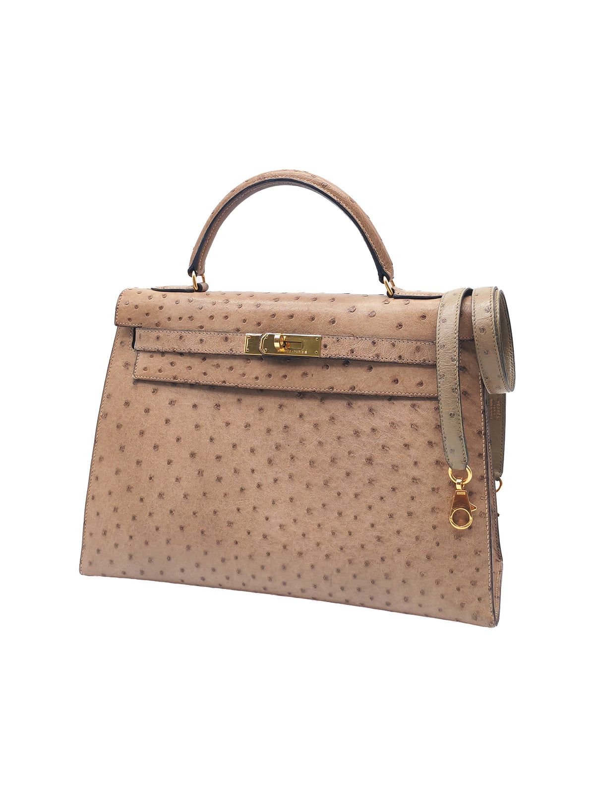 Hermes Kelly 32 Sellier in Mousse Ostrich Leather in Gold Hardware Stamp X Circle (1994) | Purse Maison Luxury Bags Shop