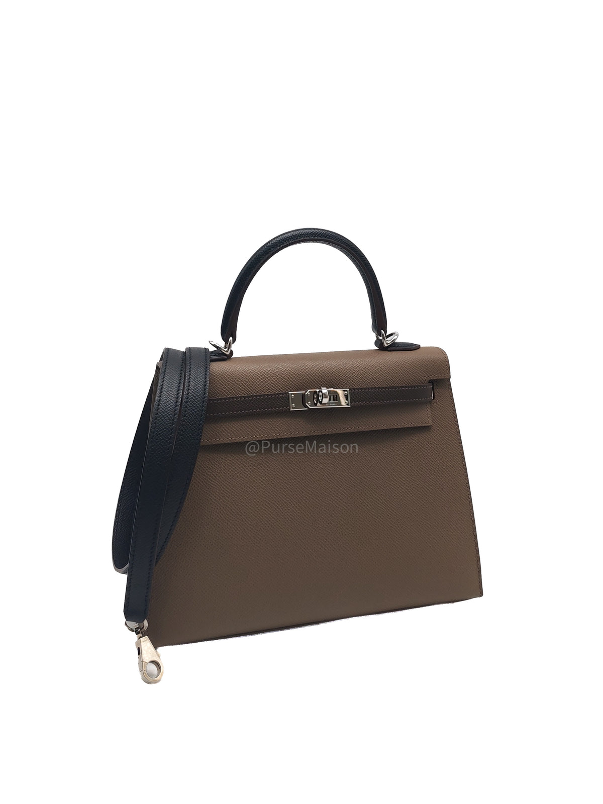 Hermes Kelly II 25 Sellier Tri-color in Etoupe/Ecorce/Noir Epsom Palladium Hardware Stamp B (2023) | Purse Maison Luxury Bags Shop