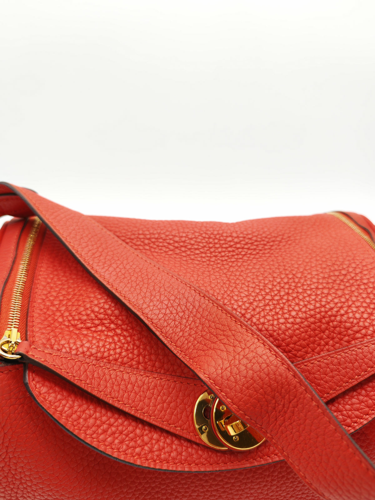 Hermes Lindy 26 in Rouge Tomate Clemence Leather Gold Hardware Stamp X (2016) | Purse Maison Luxury Bags Shop