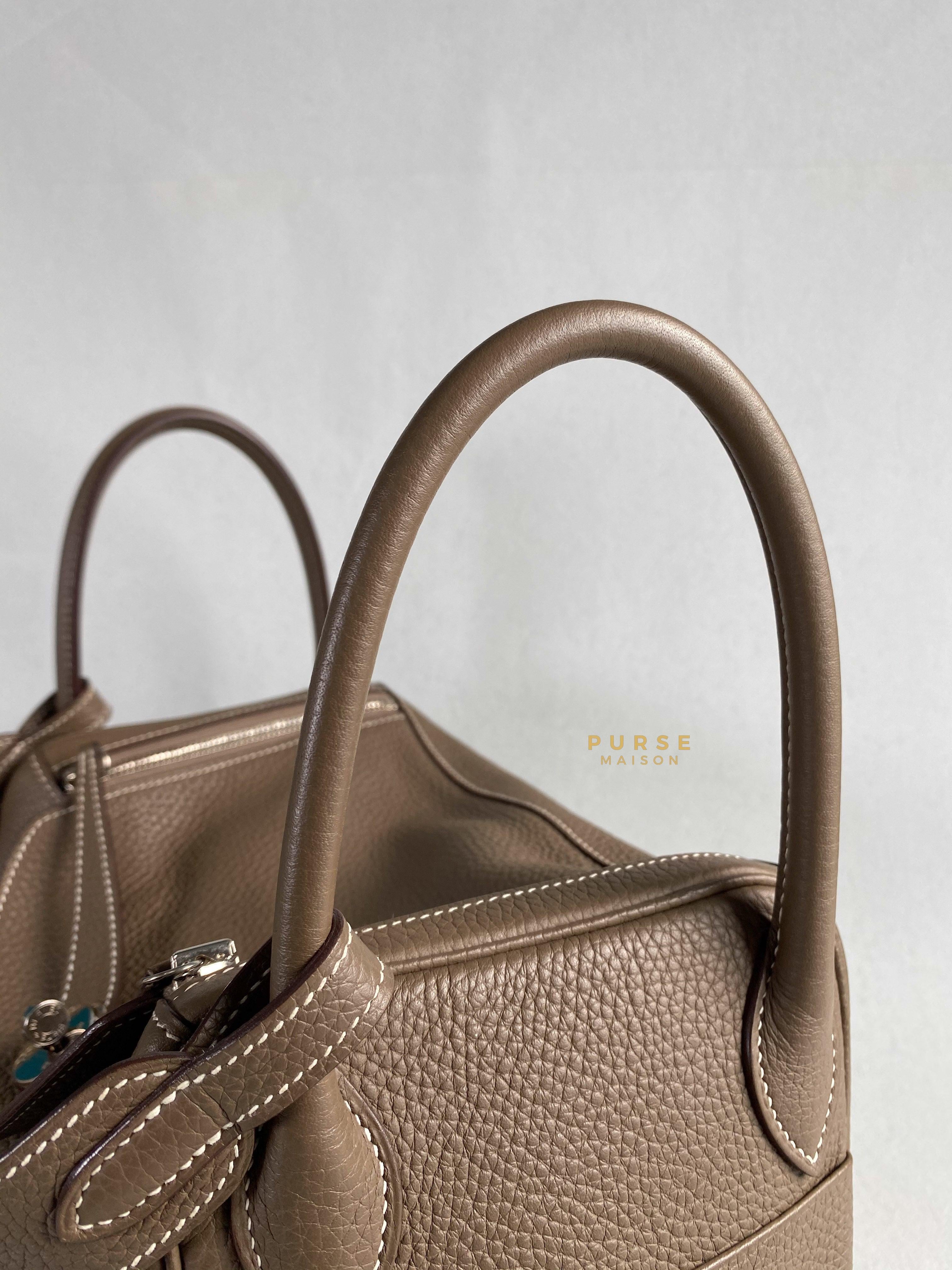 Hermes Lindy 30 Etoupe Clemence Palladium Hardware Stamp A | Purse Maison Luxury Bags Shop