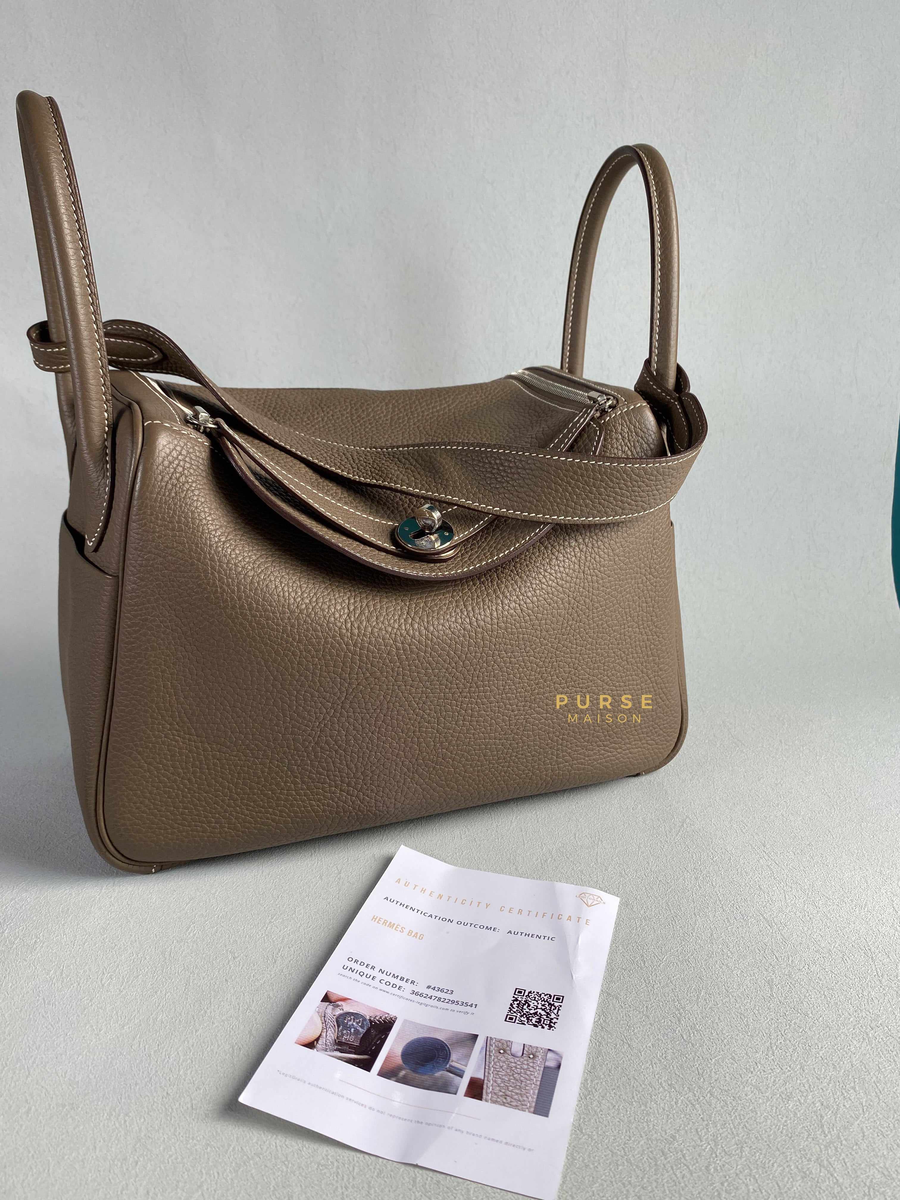 Hermes Lindy 30 Etoupe Clemence Palladium Hardware Stamp A | Purse Maison Luxury Bags Shop