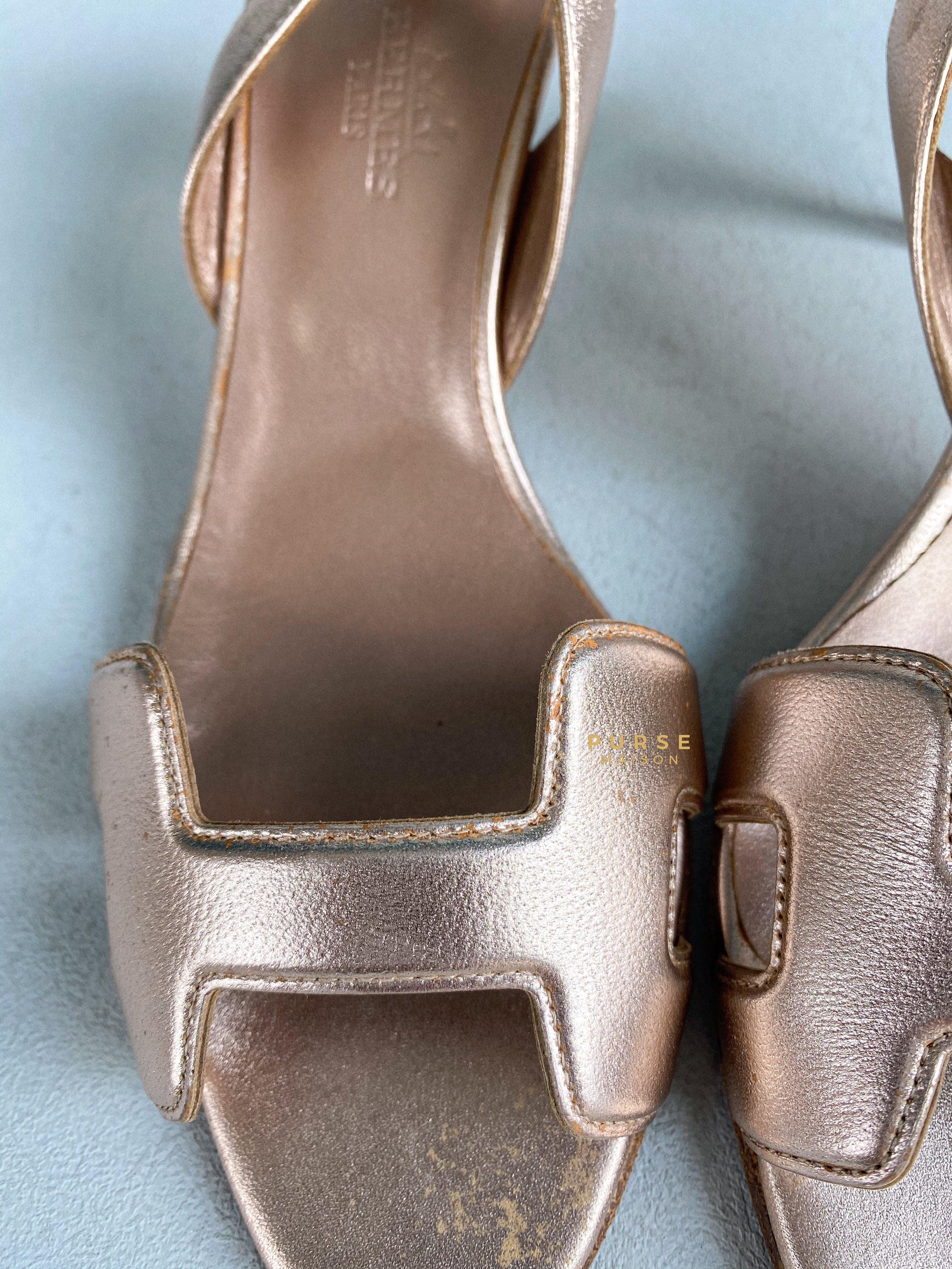 Hermes Metallic Bronze Leather Night 70 Slingback Sandals Size 36.5 EU | Purse Maison Luxury Bags Shop