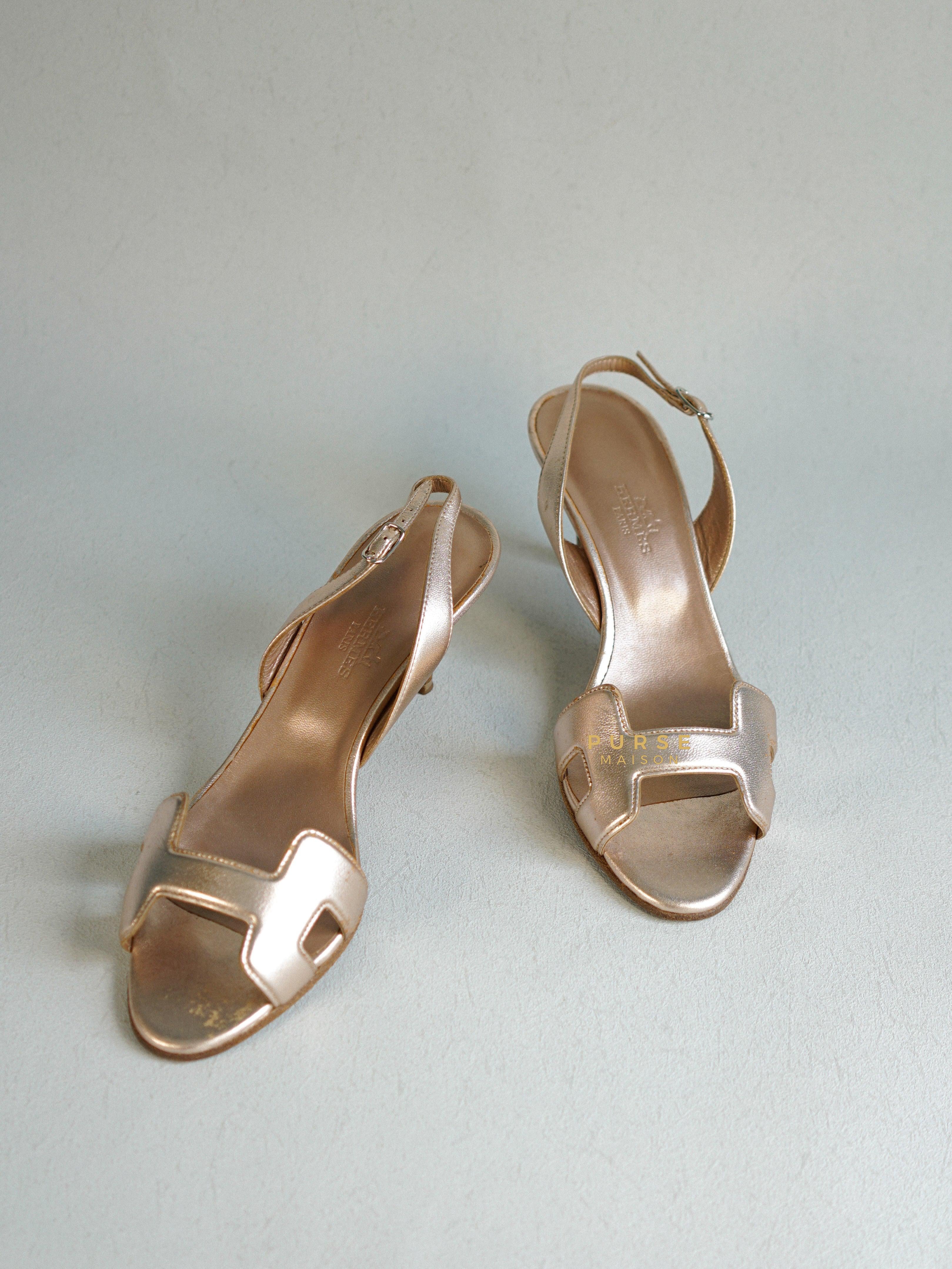Hermes Metallic Bronze Leather Night 70 Slingback Sandals Size 36.5 EU | Purse Maison Luxury Bags Shop