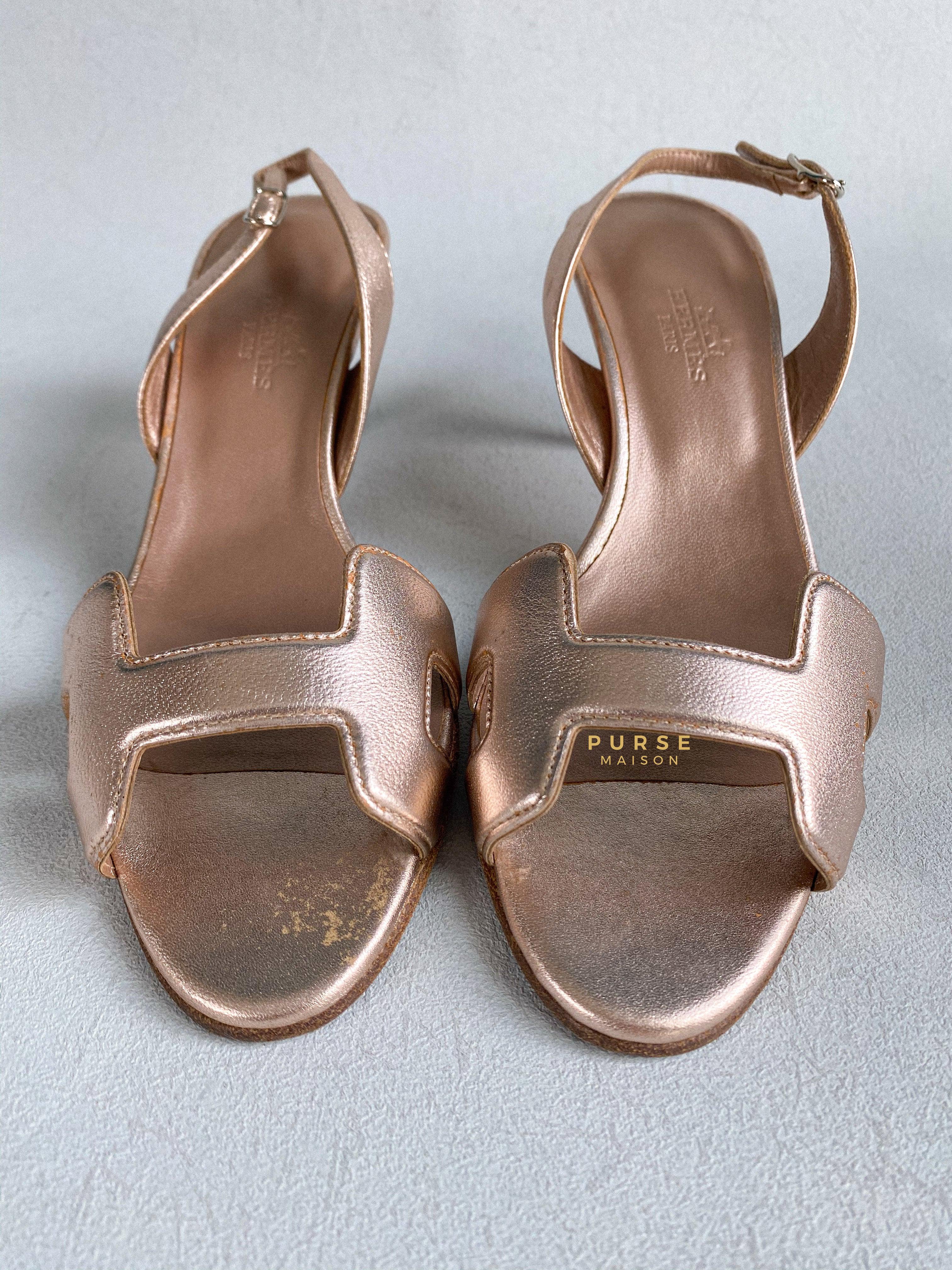Hermes Metallic Bronze Leather Night 70 Slingback Sandals Size 36.5 EU | Purse Maison Luxury Bags Shop