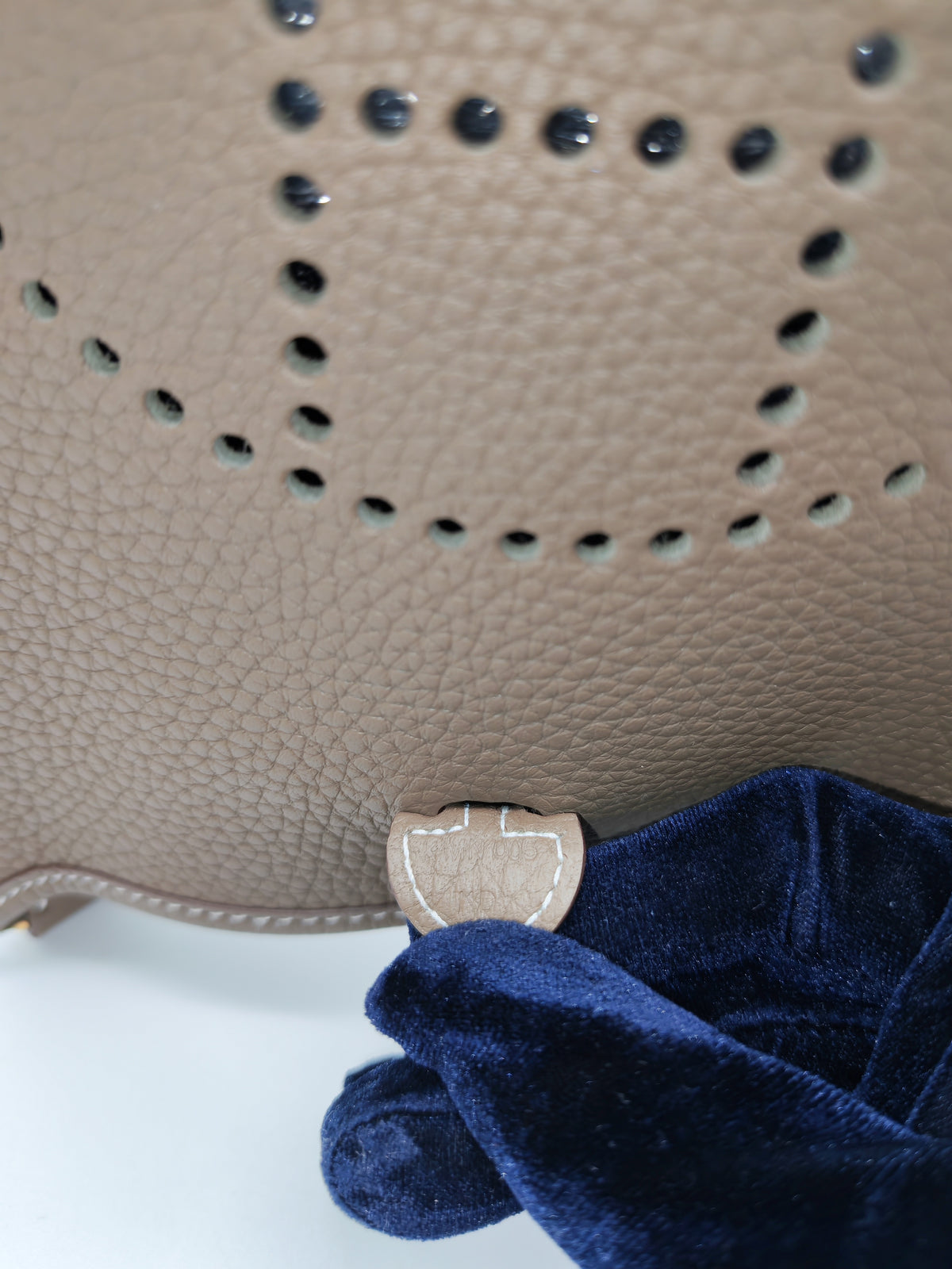 Hermes Mini Evelyne TPM in Etoupe Clemence Leather with Navy Blue Strap Palladium Hardware Stamp K(2025) | Purse Maison Luxury Bags Shop