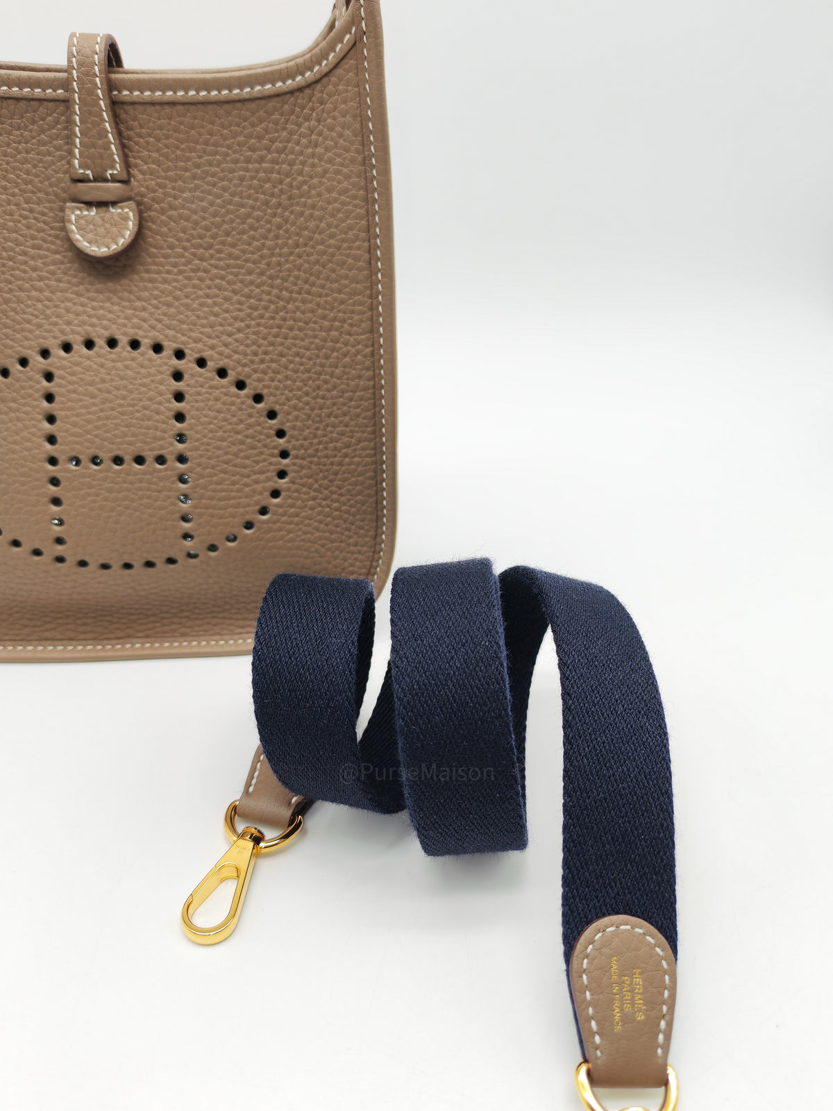 Hermes Mini Evelyne TPM in Etoupe Clemence Leather with Navy Blue Strap Palladium Hardware Stamp K(2025) | Purse Maison Luxury Bags Shop