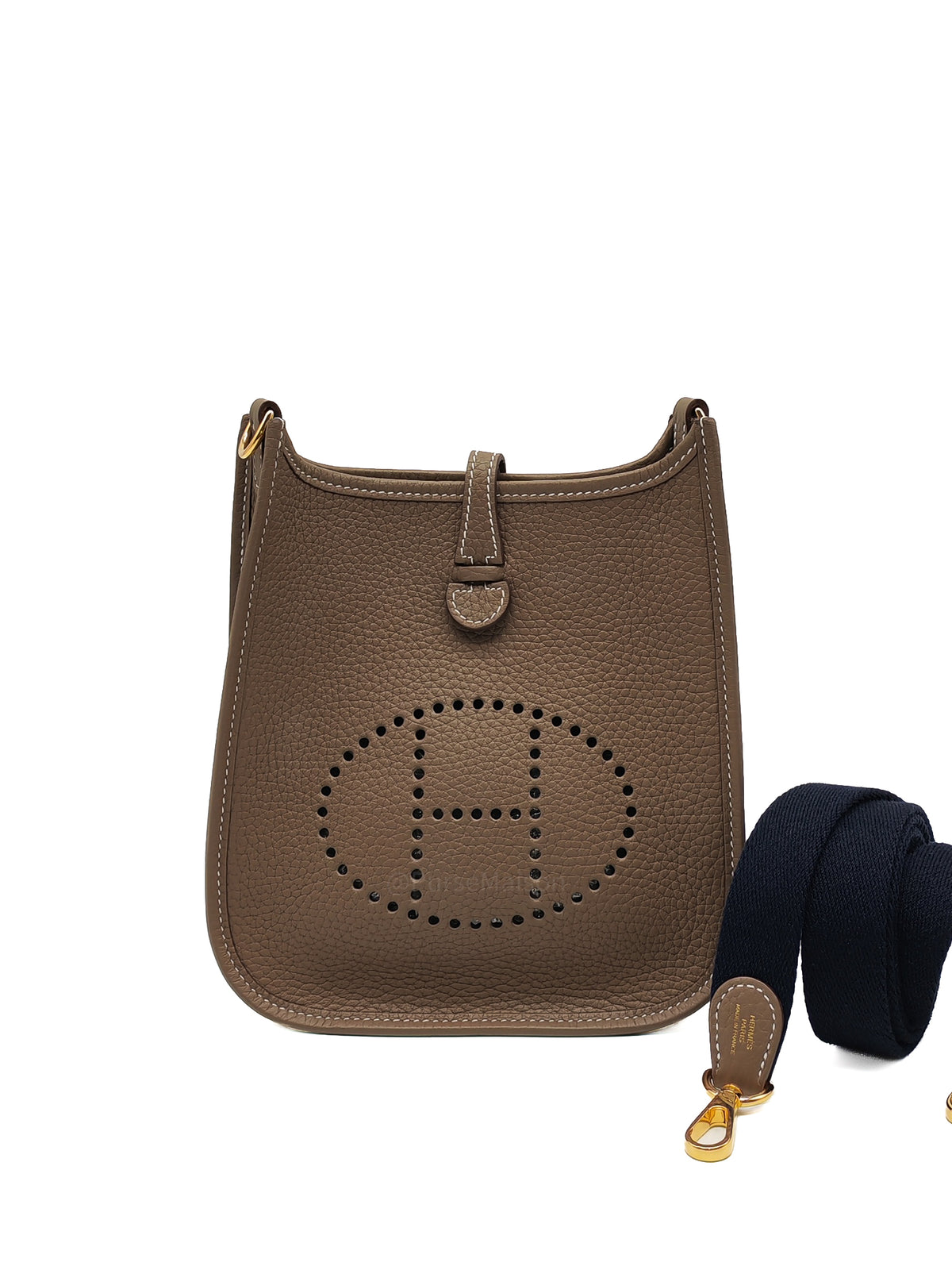 Hermes Mini Evelyne TPM in Etoupe Clemence Leather with Navy Blue Strap Palladium Hardware Stamp K(2025) | Purse Maison Luxury Bags Shop
