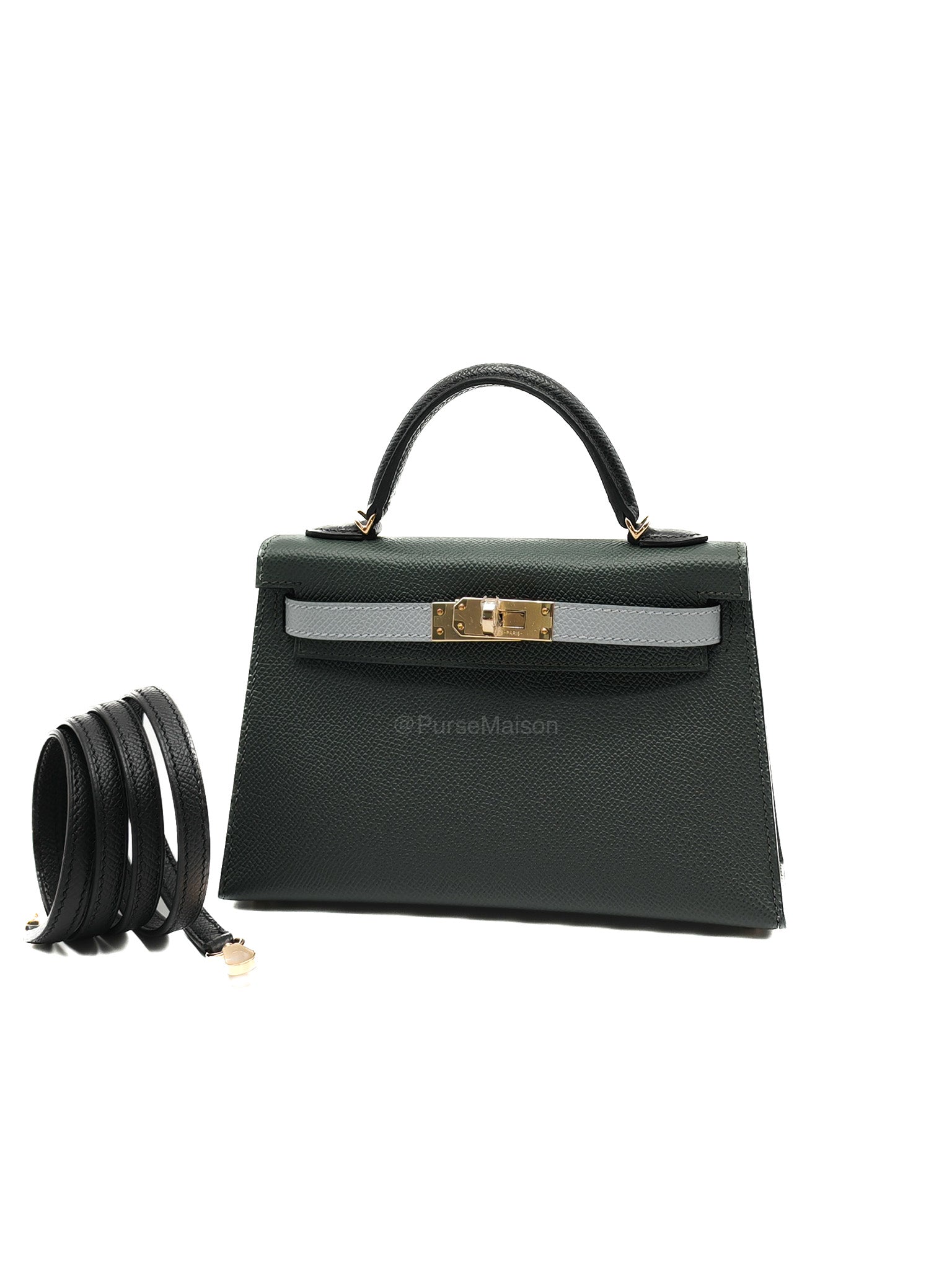 Hermes Mini Kelly Tri-Color Vert Mangrove/Gris Pantin/Noir in Epsom Leather and Palladium Hardware Stamp K (2025) | Purse Maison Luxury Bags Shop