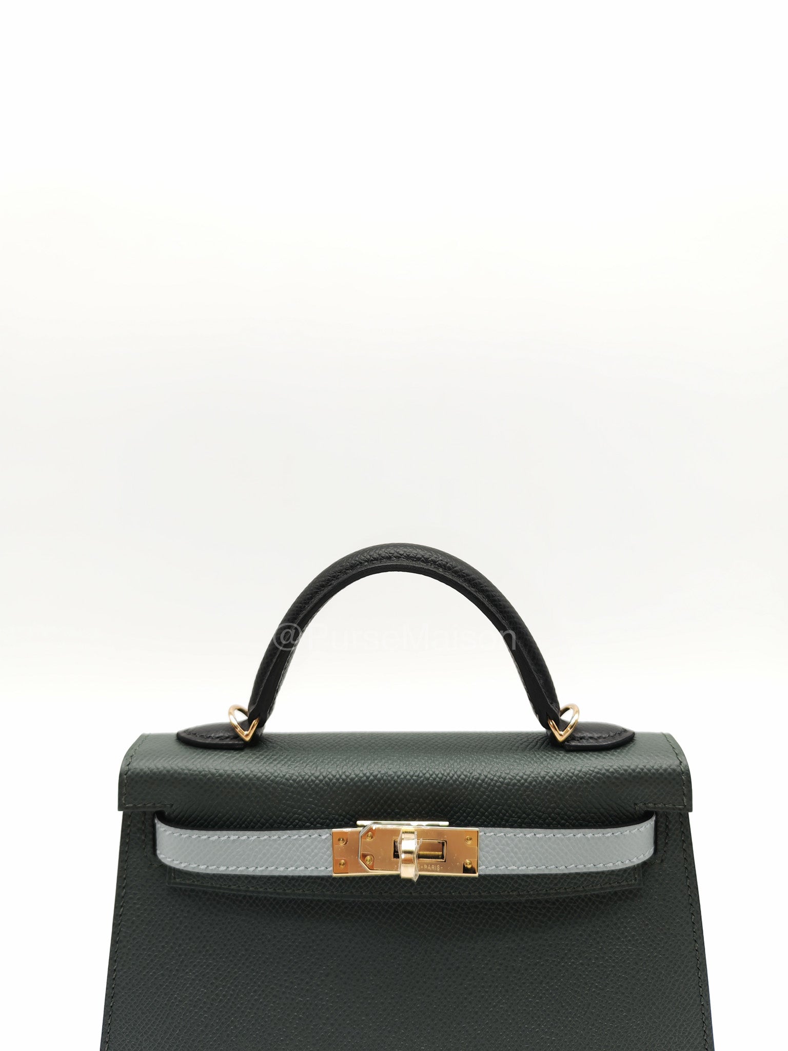 Hermes Mini Kelly Tri-Color Vert Mangrove/Gris Pantin/Noir in Epsom Leather and Palladium Hardware Stamp K (2025) | Purse Maison Luxury Bags Shop