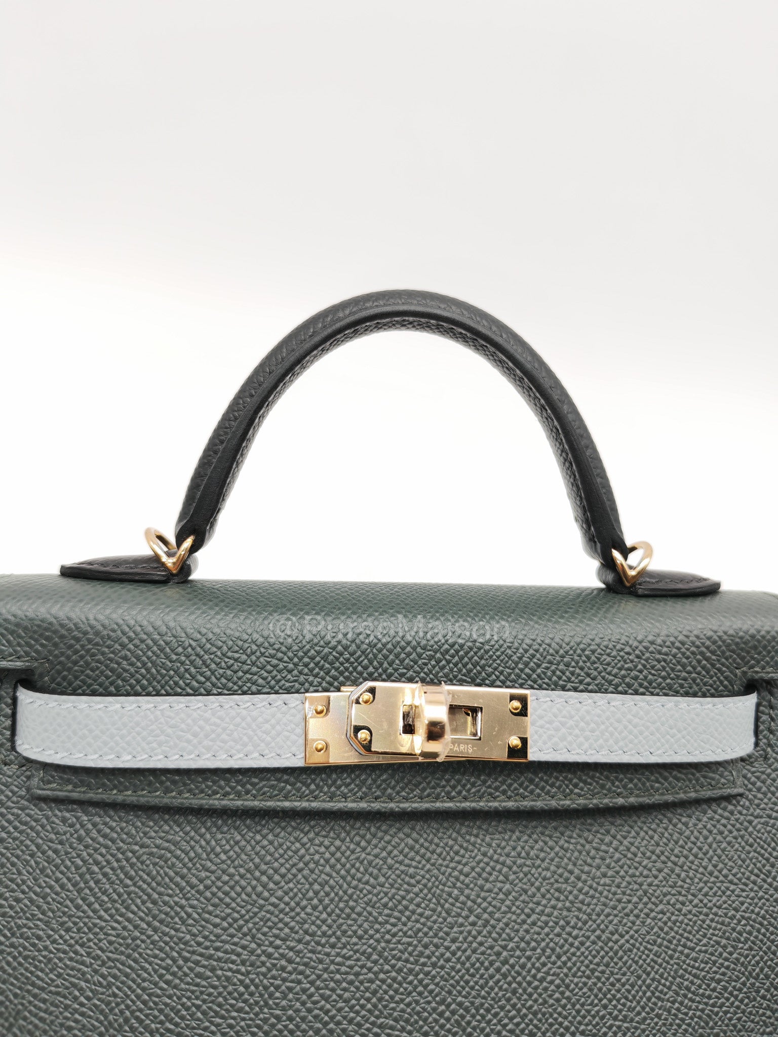 Hermes Mini Kelly Tri-Color Vert Mangrove/Gris Pantin/Noir in Epsom Leather and Palladium Hardware Stamp K (2025) | Purse Maison Luxury Bags Shop