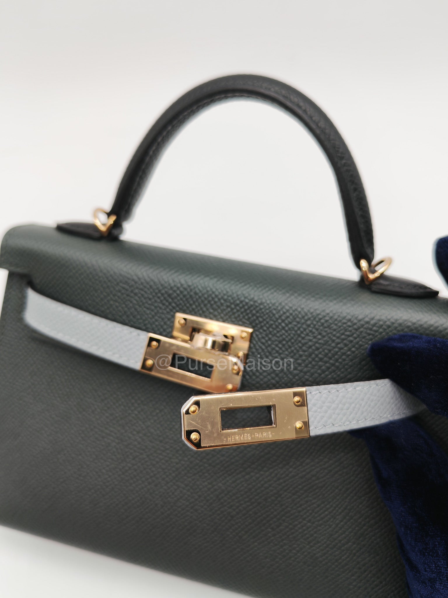Hermes Mini Kelly Tri-Color Vert Mangrove/Gris Pantin/Noir in Epsom Leather and Palladium Hardware Stamp K (2025) | Purse Maison Luxury Bags Shop