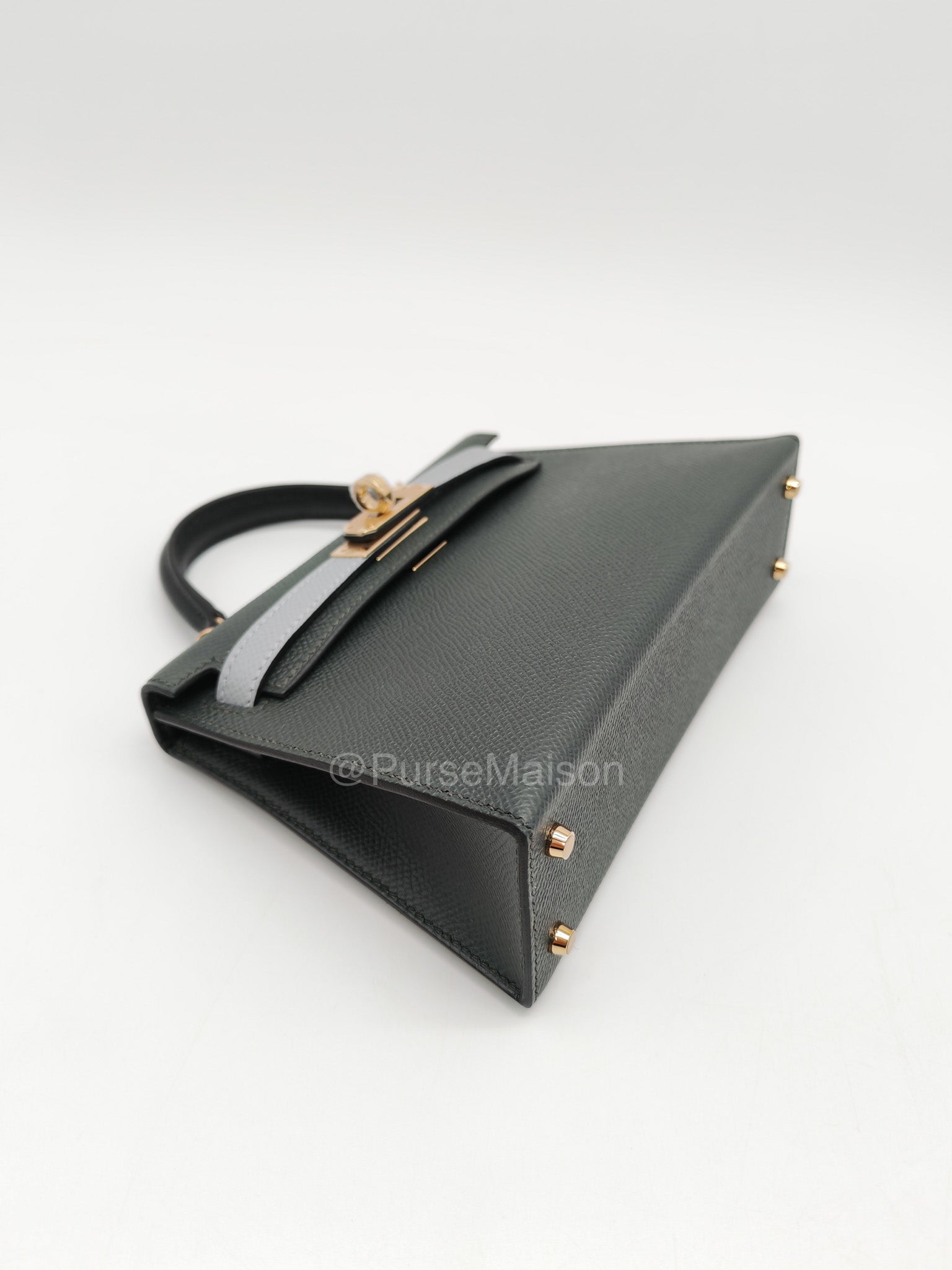 Hermes Mini Kelly Tri-Color Vert Mangrove/Gris Pantin/Noir in Epsom Leather and Palladium Hardware Stamp K (2025) | Purse Maison Luxury Bags Shop