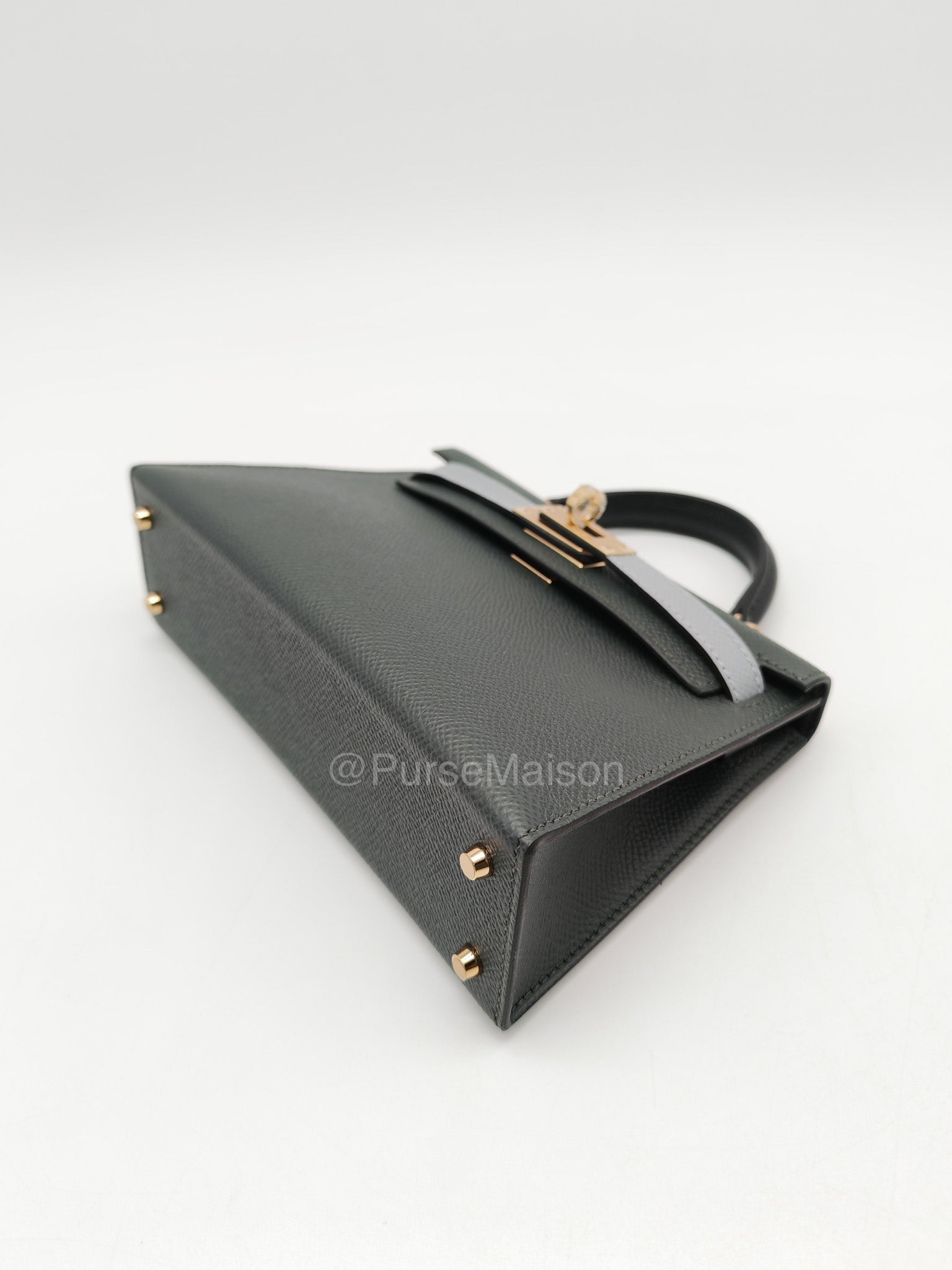 Hermes Mini Kelly Tri-Color Vert Mangrove/Gris Pantin/Noir in Epsom Leather and Palladium Hardware Stamp K (2025) | Purse Maison Luxury Bags Shop