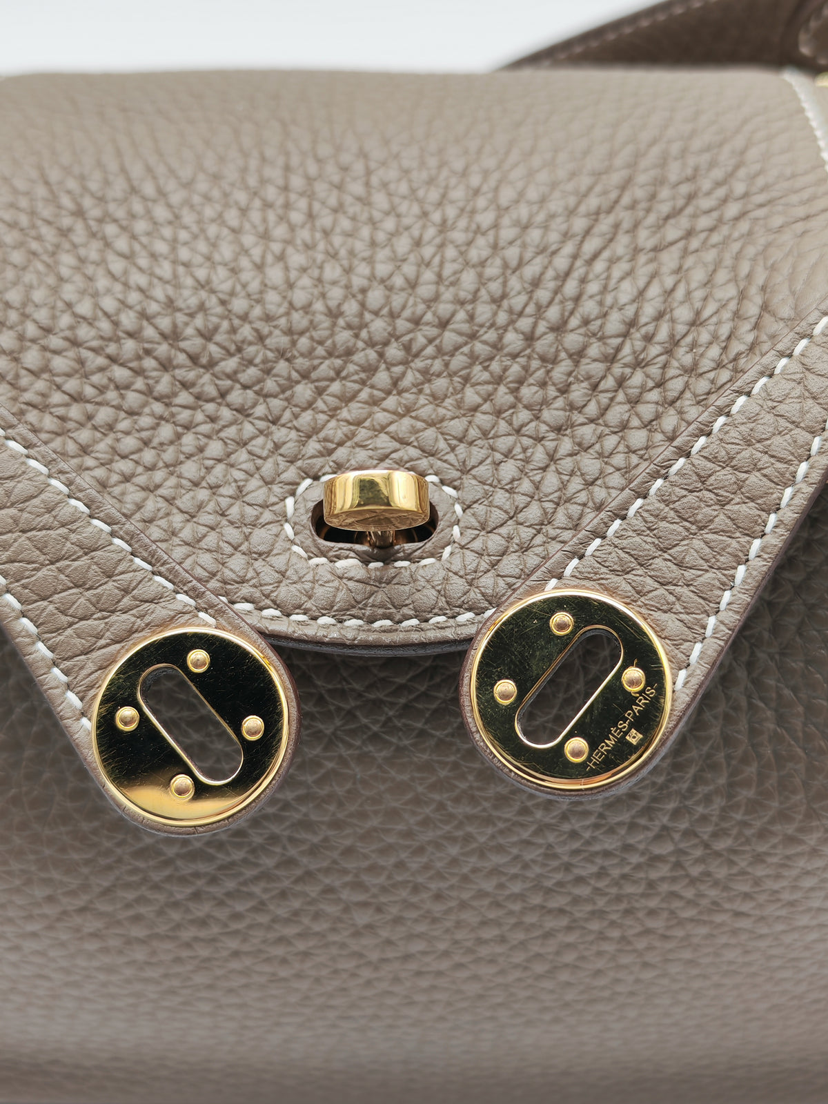 Hermes Mini Lindy in Etoupe Clemence Leather Gold Hardware Stamp U (2022) | Purse Maison Luxury Bags Shop