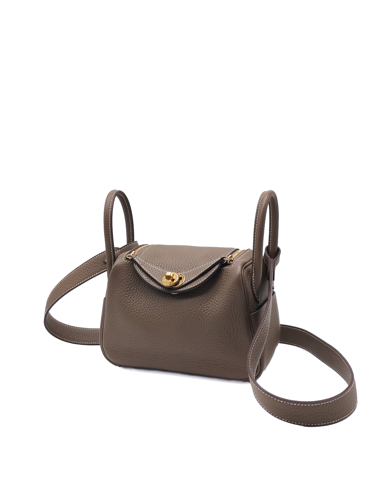 Hermes Mini Lindy in Etoupe Clemence Leather Gold Hardware Stamp U (2022) | Purse Maison Luxury Bags Shop