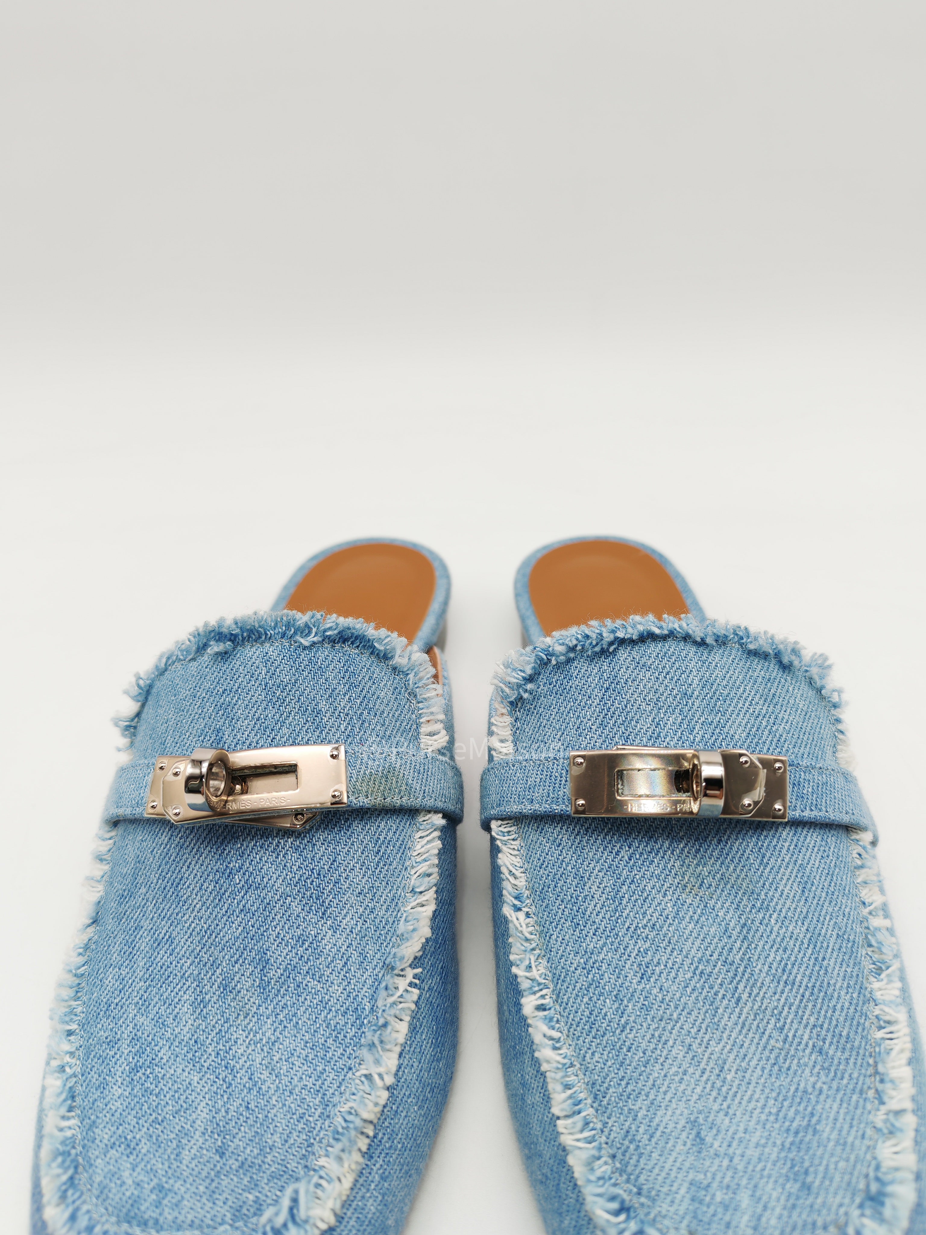 Hermès Oz Mules in Bleu Clair Fringed Denim Accented Palladium Hardware Size 37.5 (24cm) | Purse Maison Luxury Bags Shop