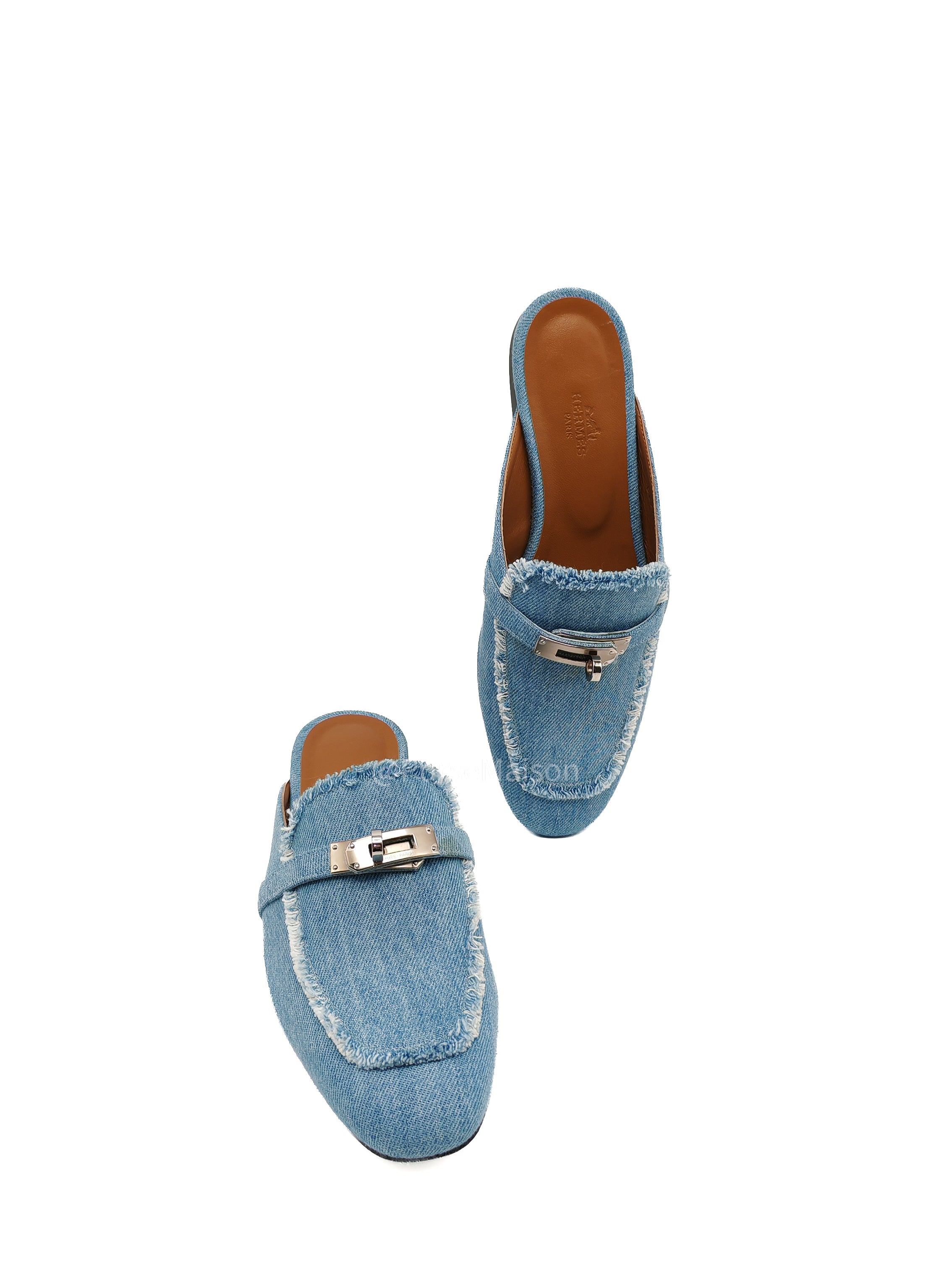 Hermès Oz Mules in Bleu Clair Fringed Denim Accented Palladium Hardware Size 37.5 (24cm) | Purse Maison Luxury Bags Shop