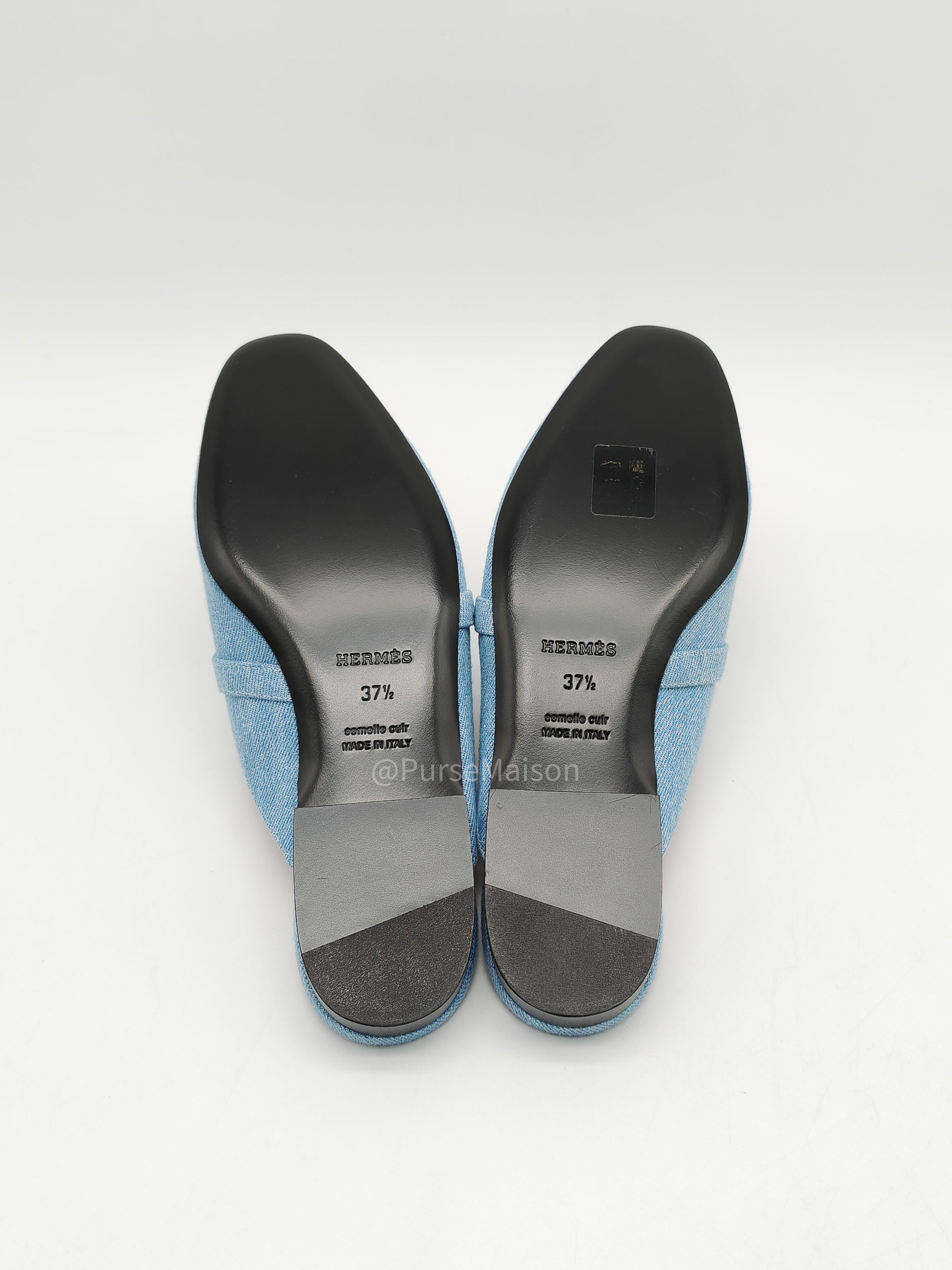 Hermès Oz Mules in Bleu Clair Fringed Denim Accented Palladium Hardware Size 37.5 (24cm) | Purse Maison Luxury Bags Shop