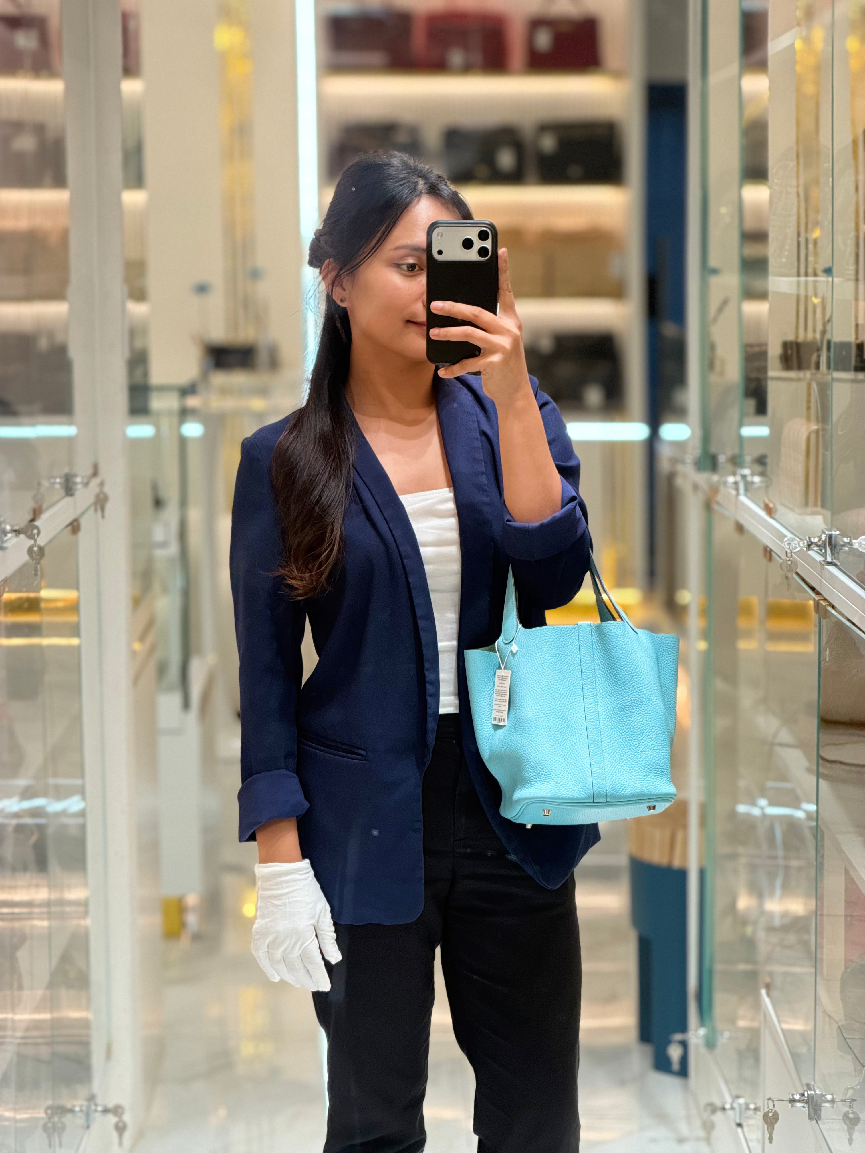 Hermes Picotin 22 Blue Atoll Taurillon Clemence Leather and Palladium Hardware Stamp A (2017) | Purse Maison Luxury Bags Shop