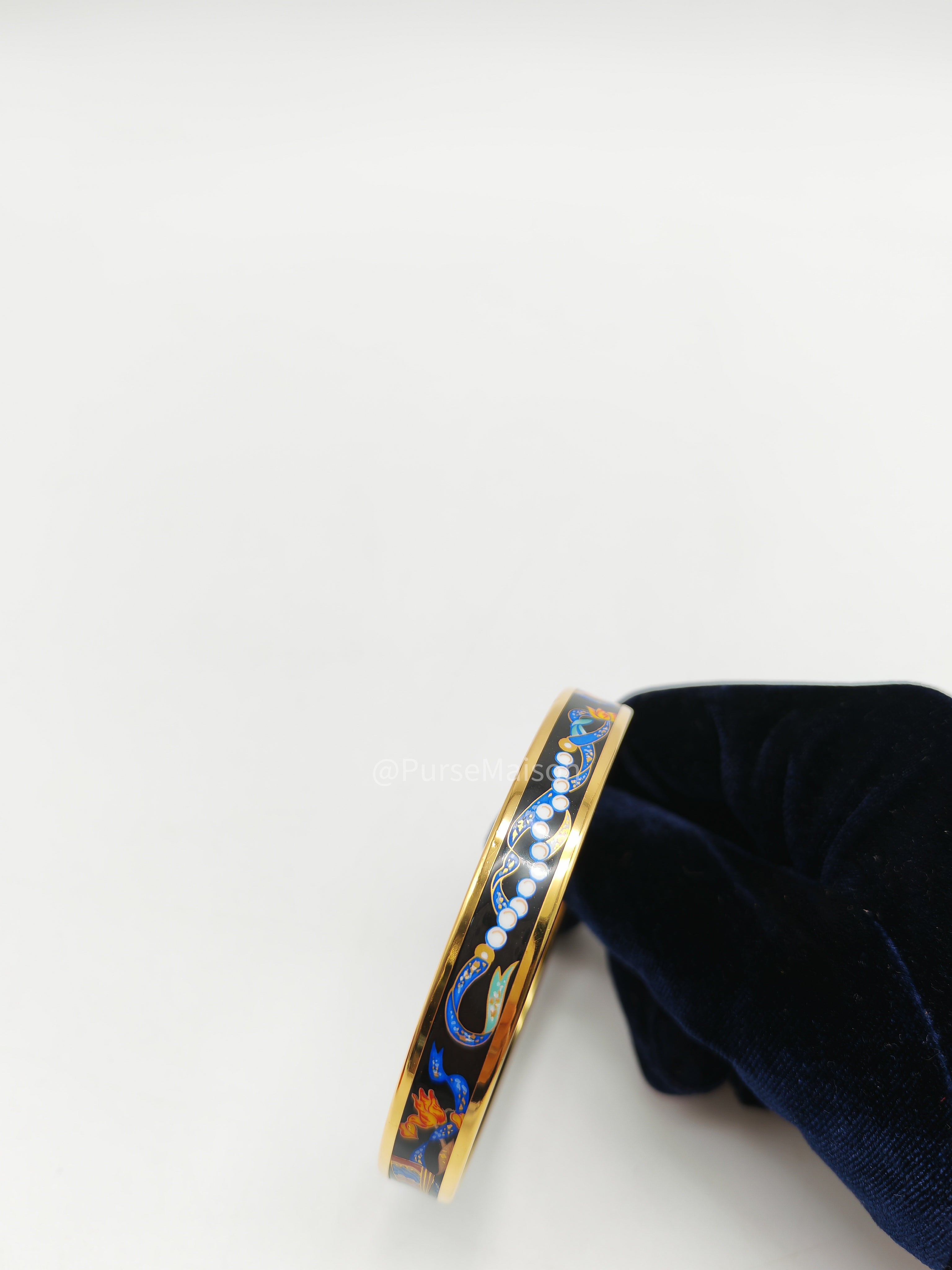 Hermes Plated Narrow Folded Fans and Ribbon Enamel Bangle (Size 7.0cm) | Purse Maison Luxury Bags Shop