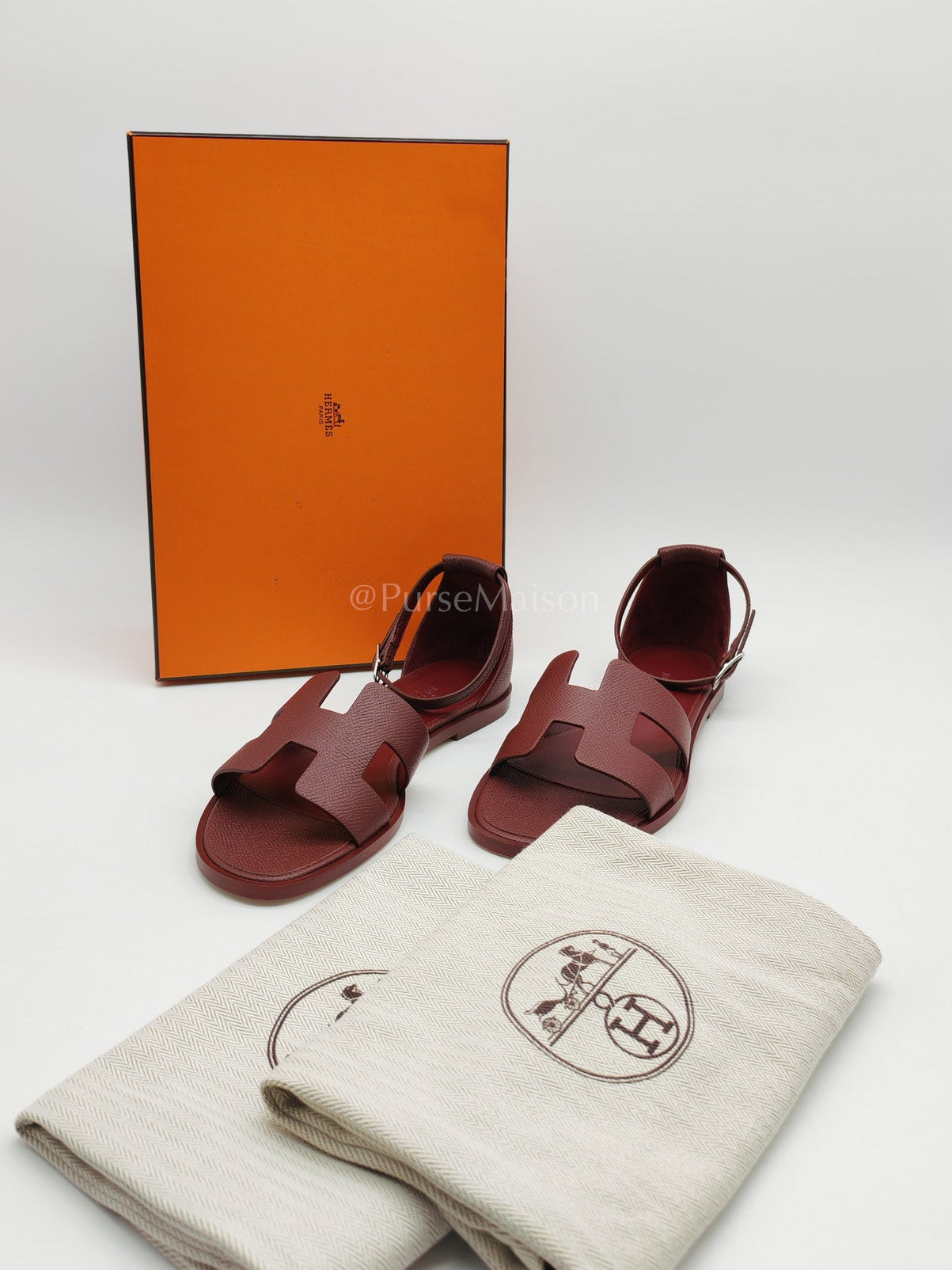 Hermes Santorini Sandals in Rouge Epsom Leather Size 37EU (23.5cm) | Purse Maison Luxury Bags Shop