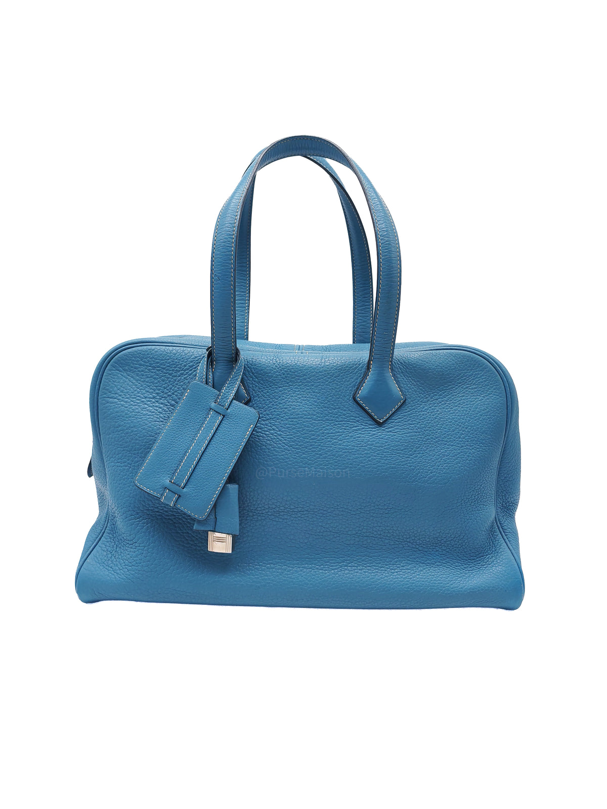 Hermes Victoria ll 35 Bag in Blue Jean Clemence Leather and Palladium Hardware Stamp Square K (2007) | Purse Maison Luxury Bags Shop