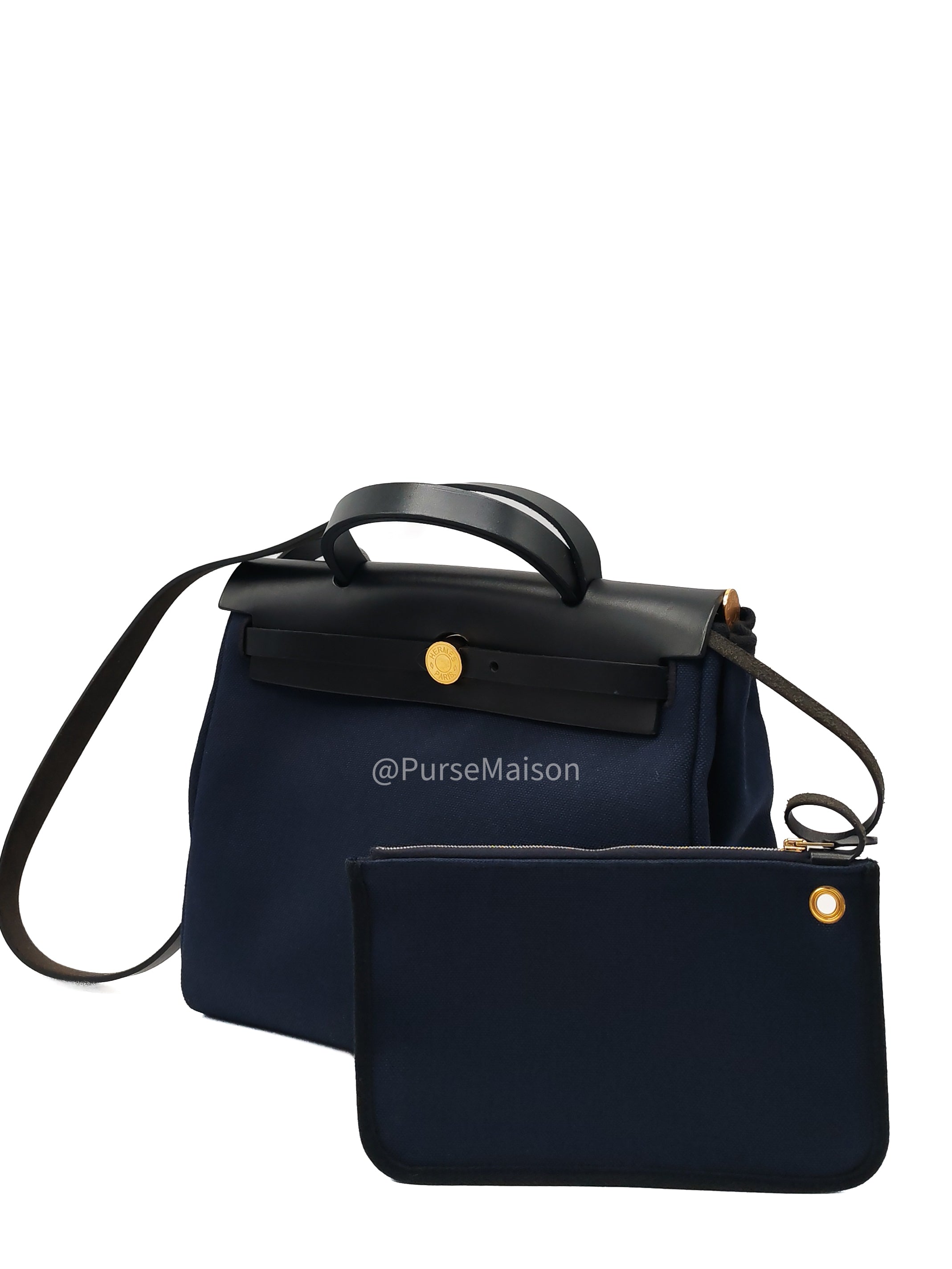 Hermes Zip 31 Blue Marine Canvas & Black Leather Gold Hardware Stamp Z(2021)