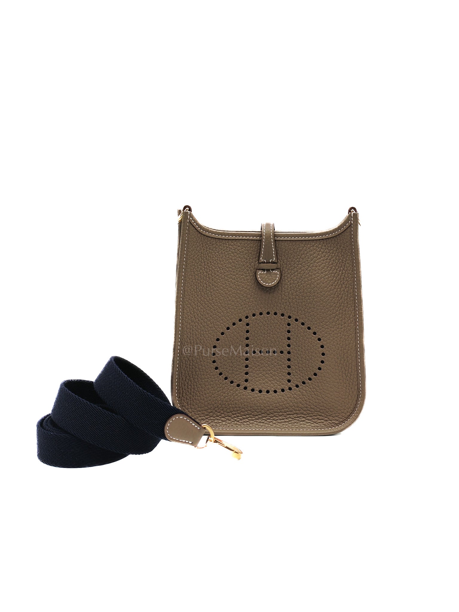 Hermes Evelyne 16 TPM in Etoupe Clemence with Navy Blue Strap Leather Gold Hardware Stamp W(2024)