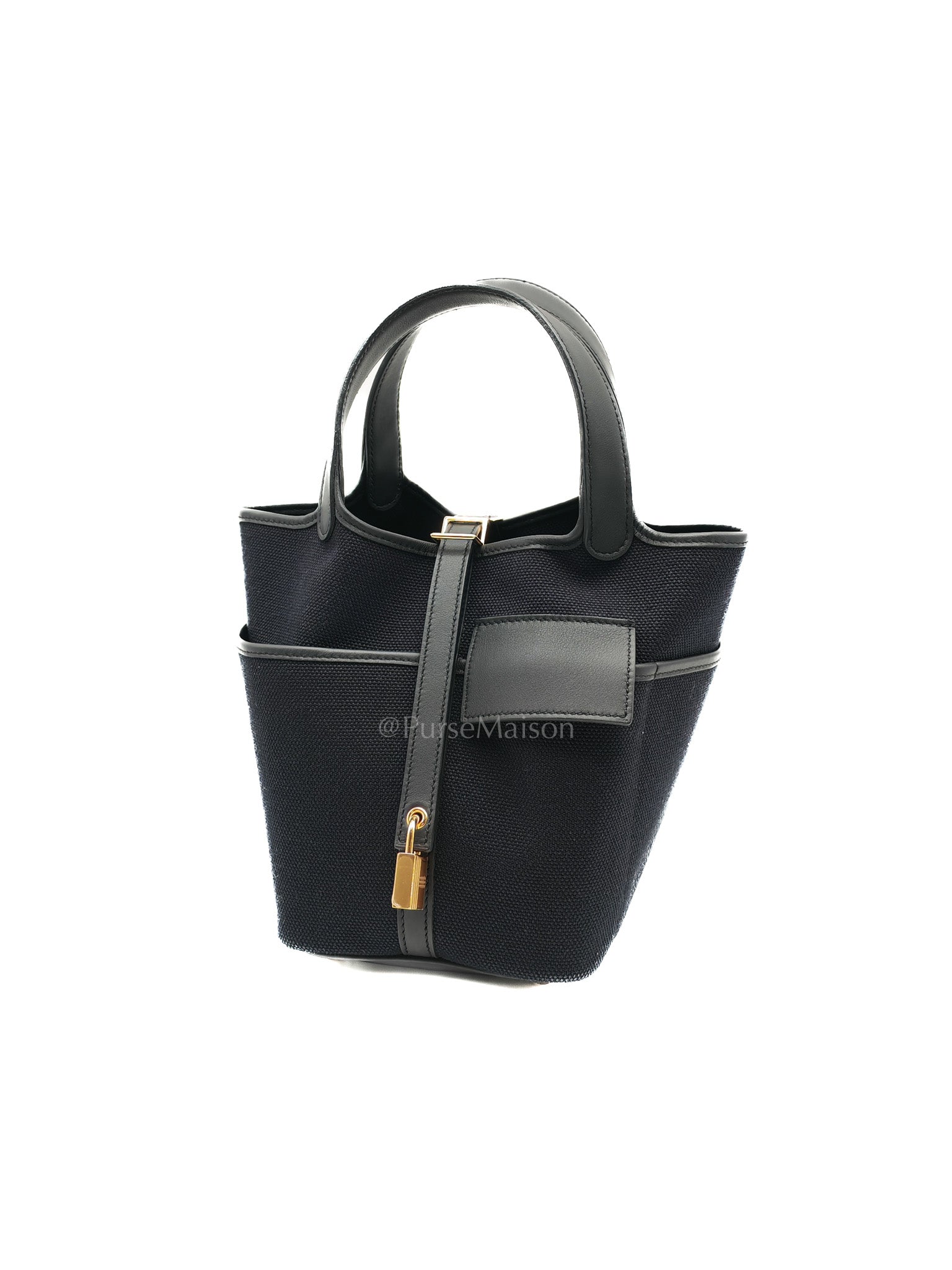 Picotin Cargo 18 in Black Swift and Toile Canvas and Gold Hardware Stamp W (2024)